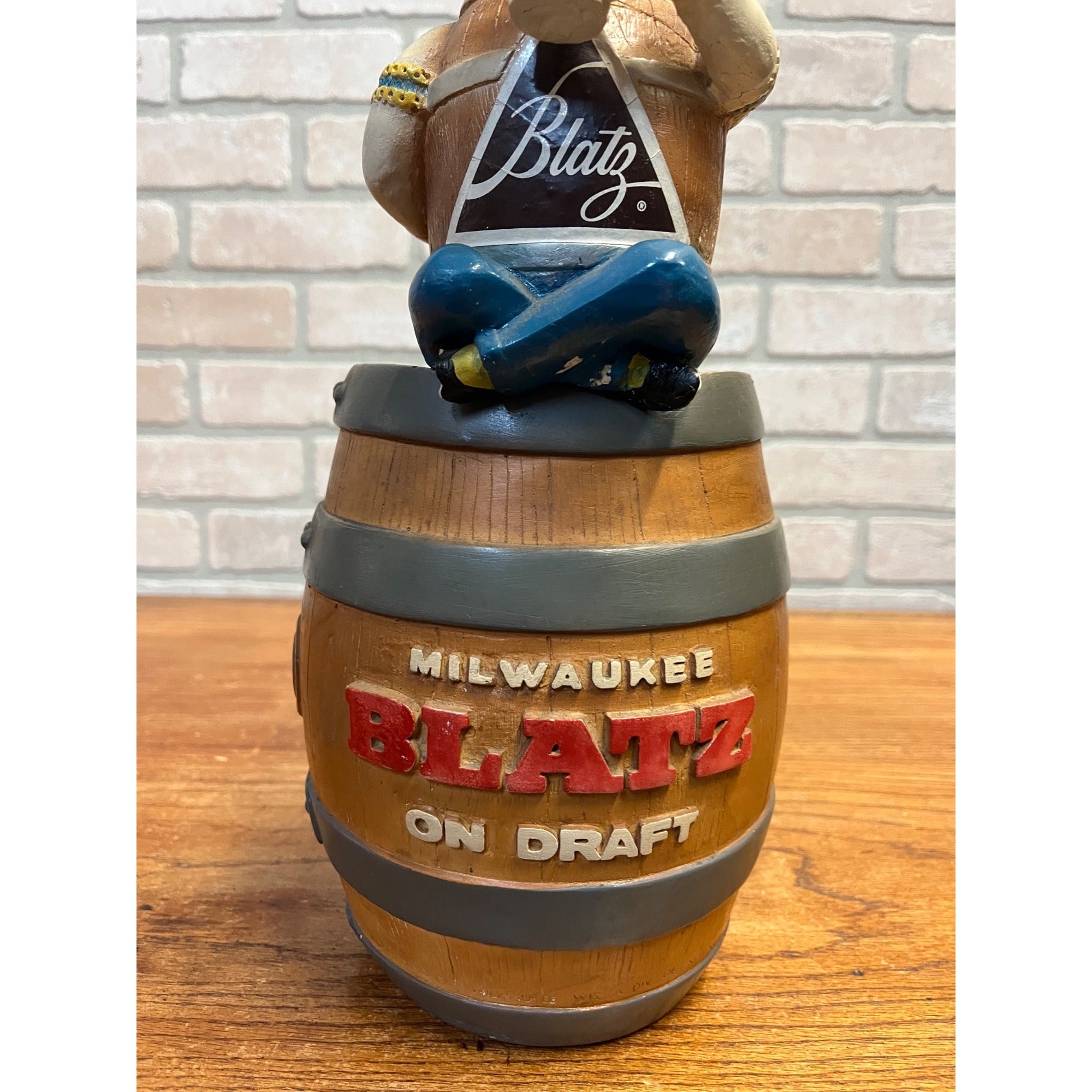 Vintage 1950s  Blatz Beer Man Sitting on a Beer Barrel Plaster Figure Coin Bank