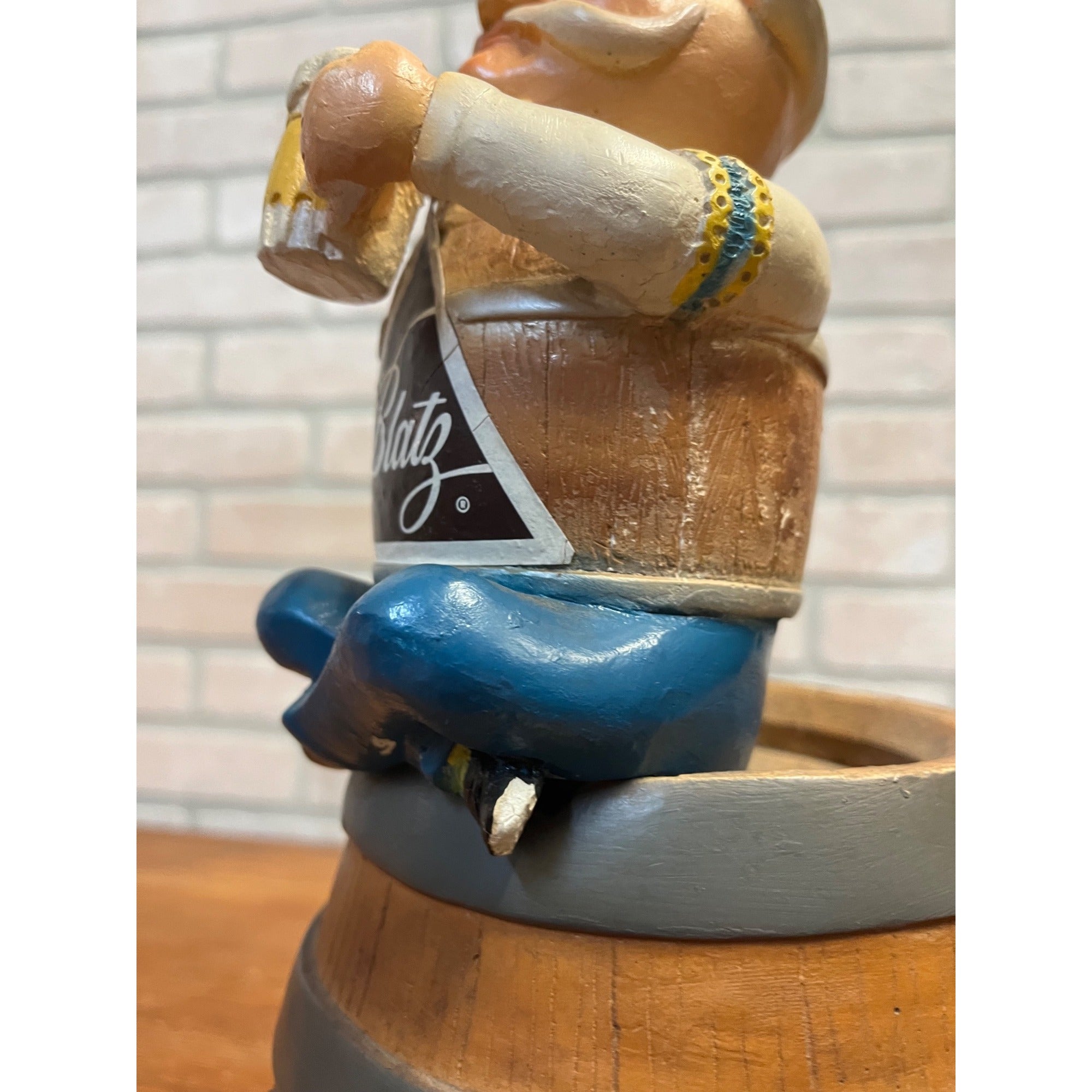 Vintage 1950s  Blatz Beer Man Sitting on a Beer Barrel Plaster Figure Coin Bank