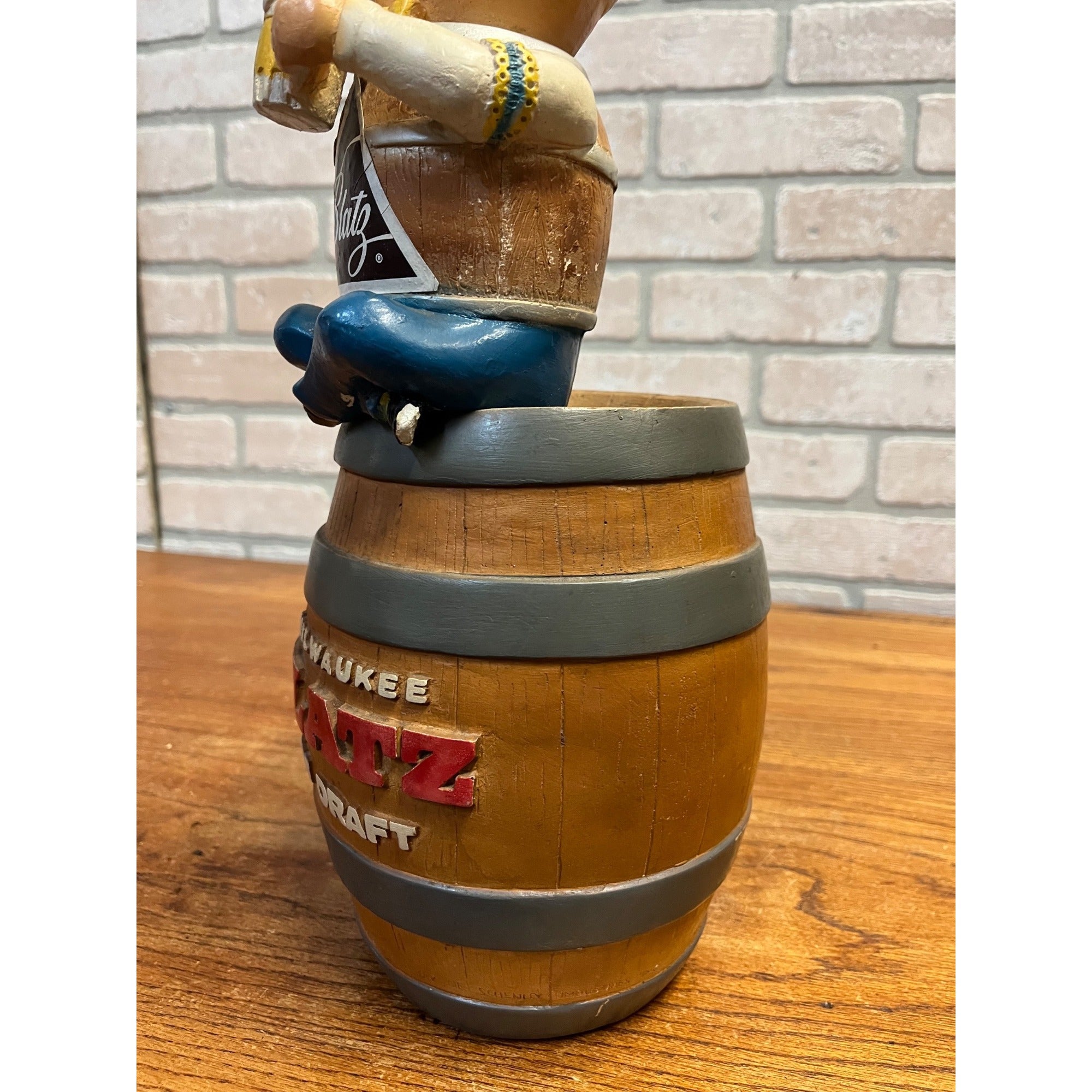 Vintage 1950s  Blatz Beer Man Sitting on a Beer Barrel Plaster Figure Coin Bank