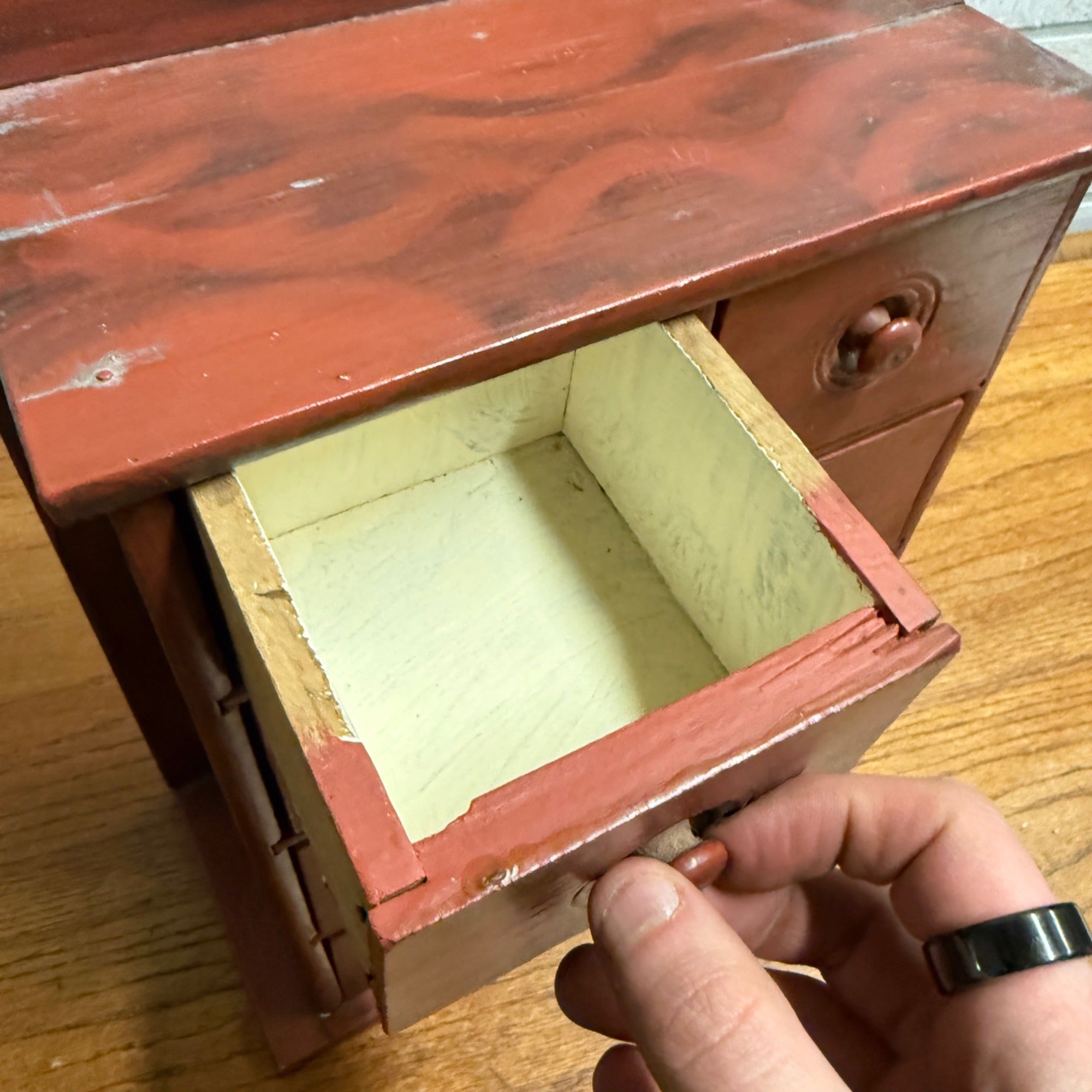 Antique Vintage Red Wooden Kitchen Spice Drawer Cabinet Decor Primitive 1950s