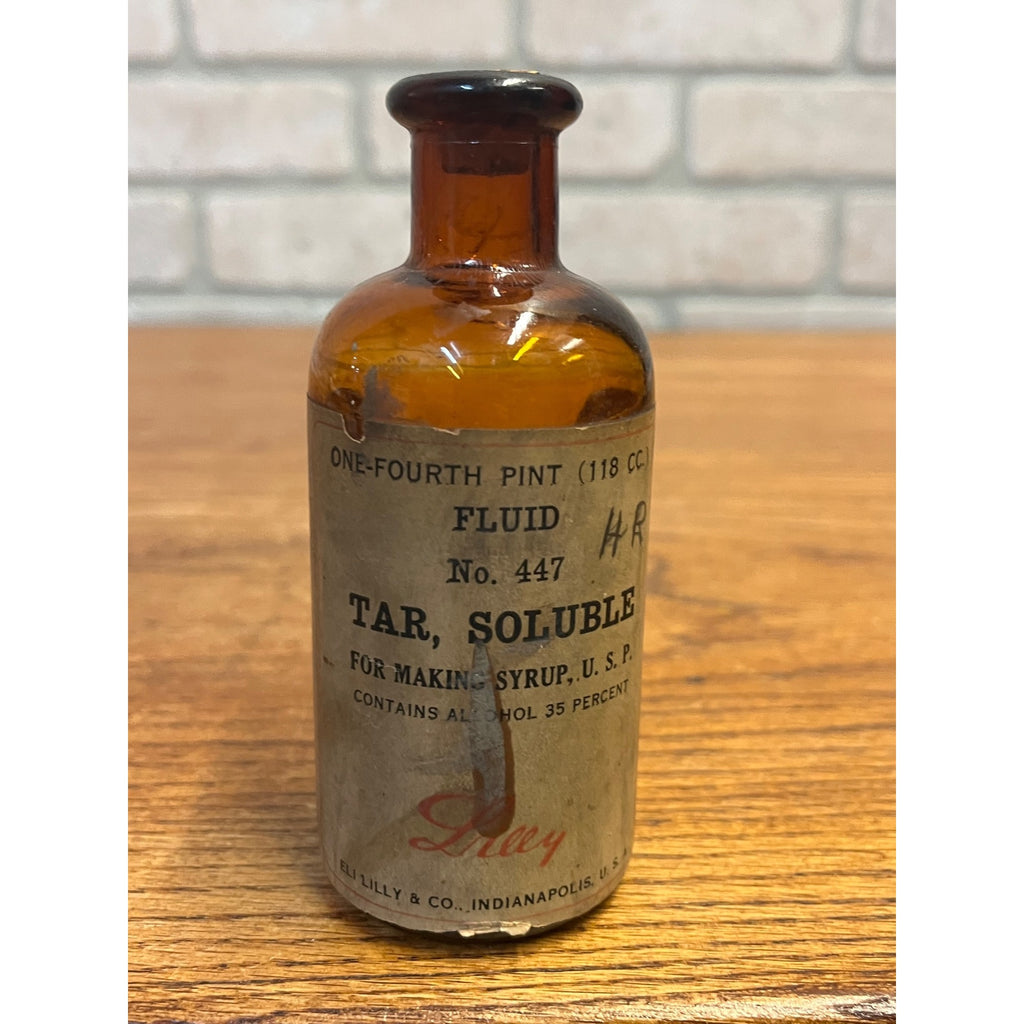 Vintage Eli Lilly Soluble Tar Fluid 447 Pharmacy Druggist Amber Glass Bottle 5"