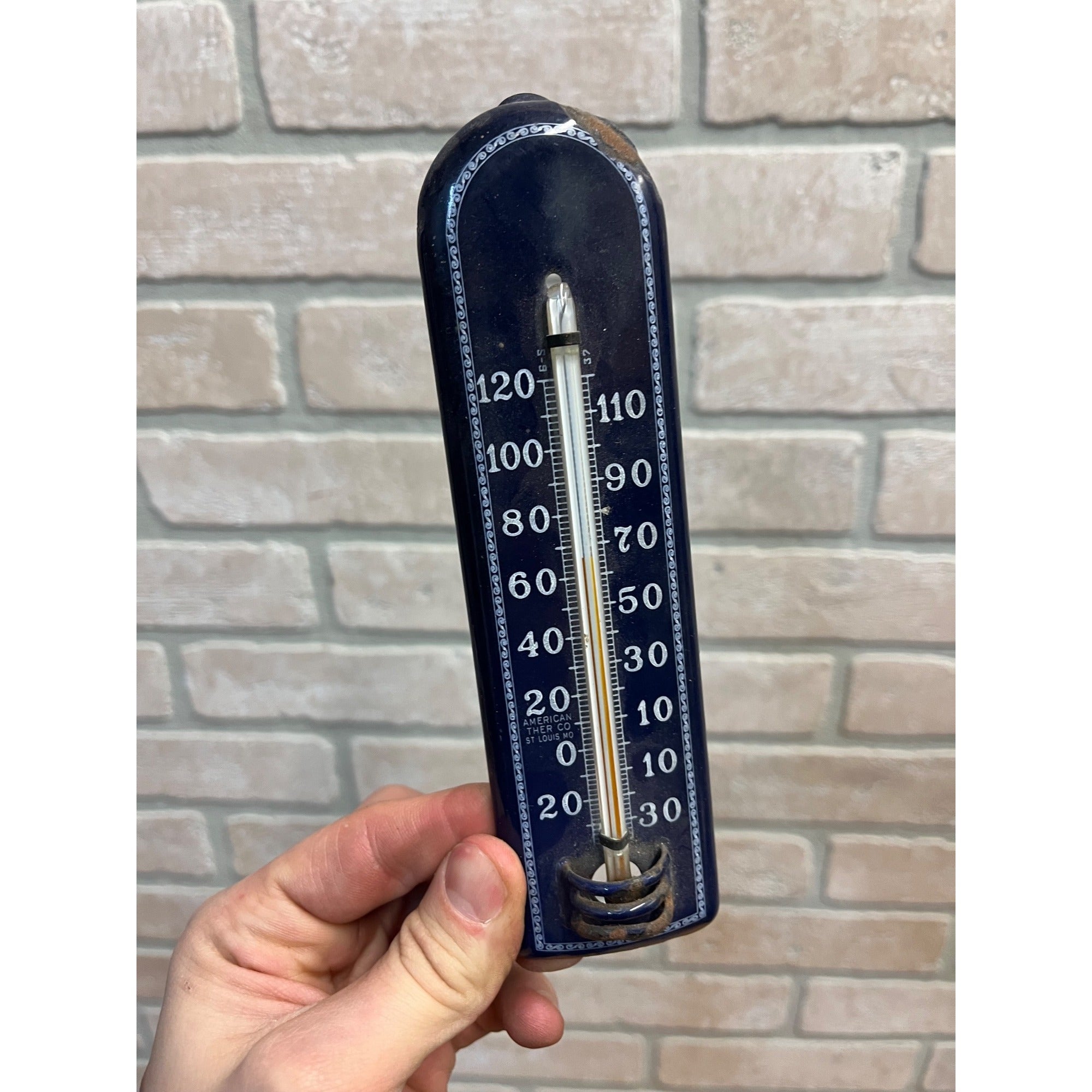 Antique Vintage Porcelain American Ther Co. St Louis MO Therm Sign Cobalt Blue
