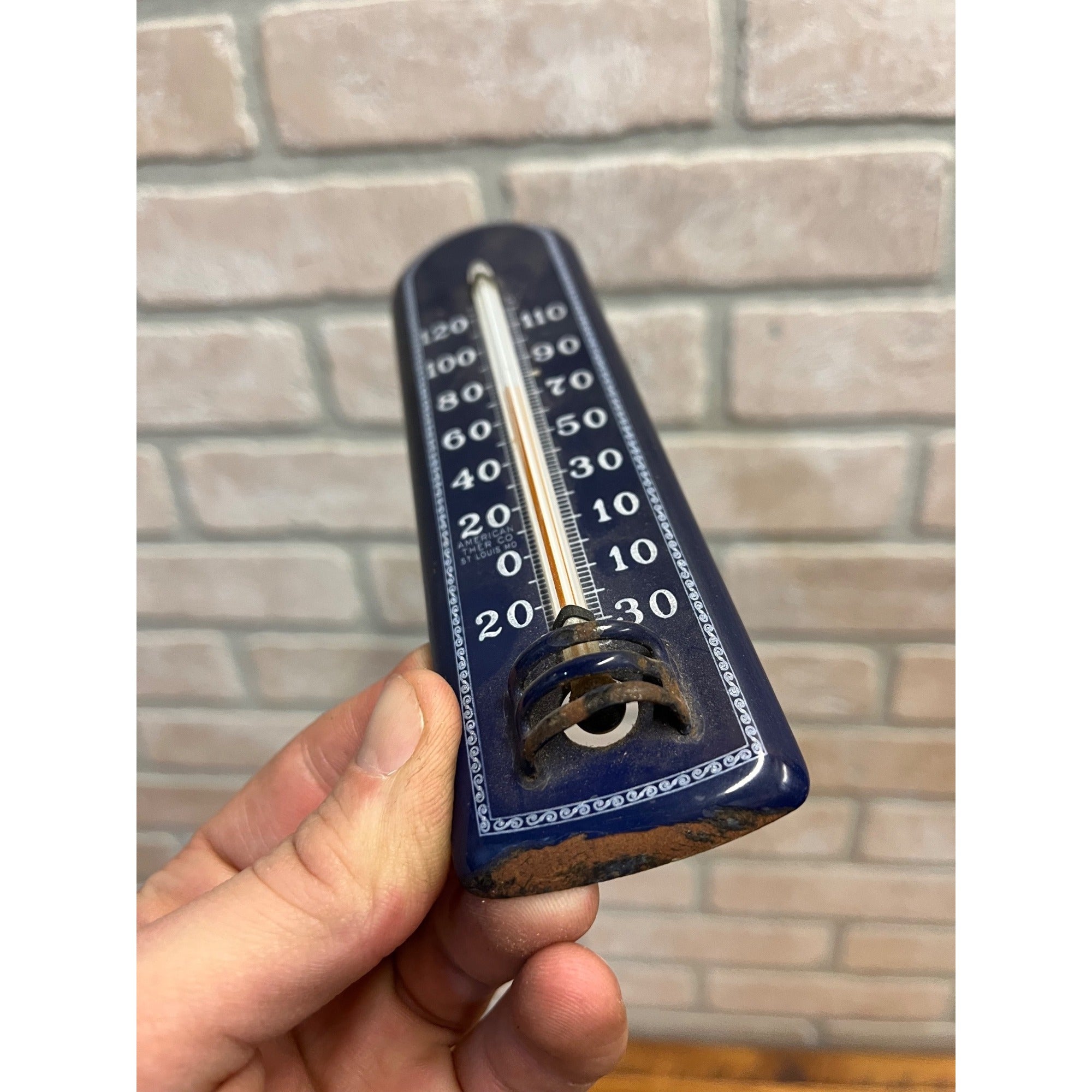 Antique Vintage Porcelain American Ther Co. St Louis MO Therm Sign Cobalt Blue