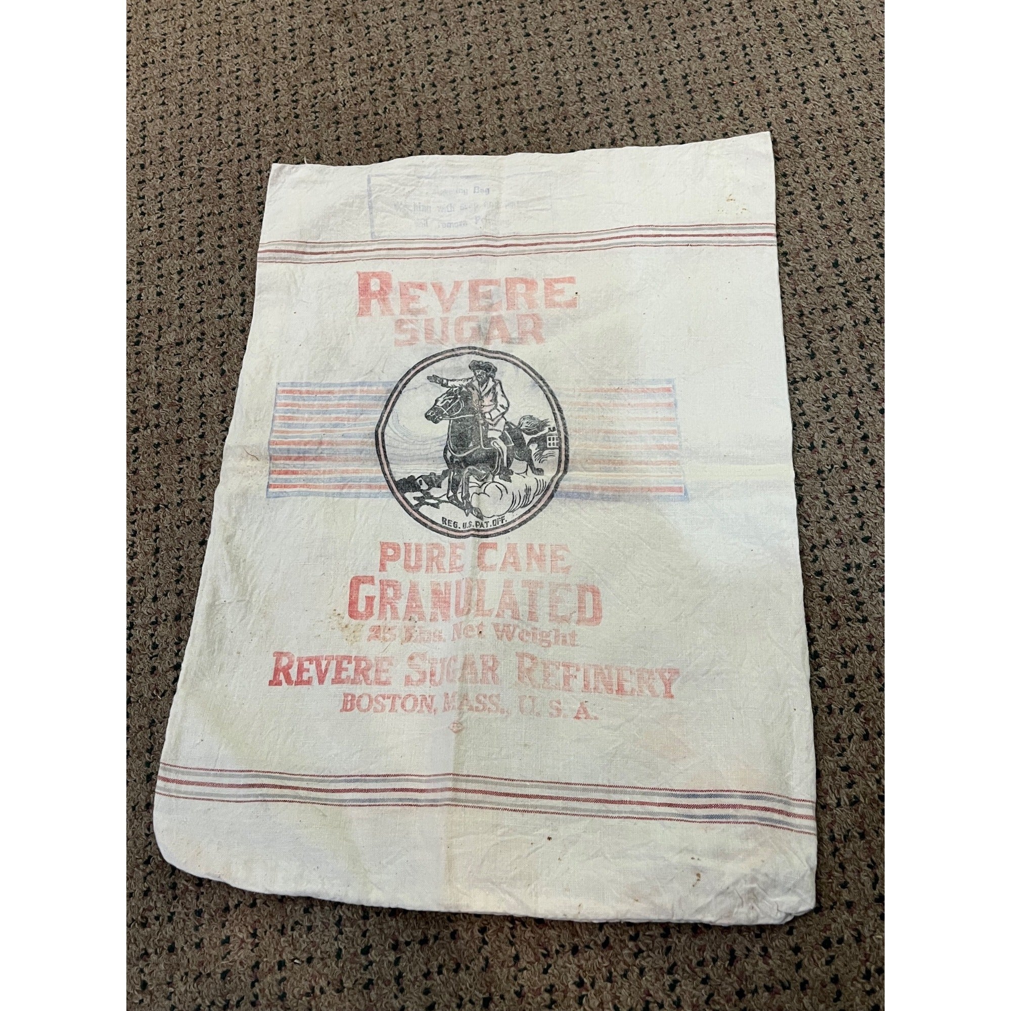 Vintage Paul Revere Sugar Bag Advertising Cloth 25lb Boston Mass Primitive Decor