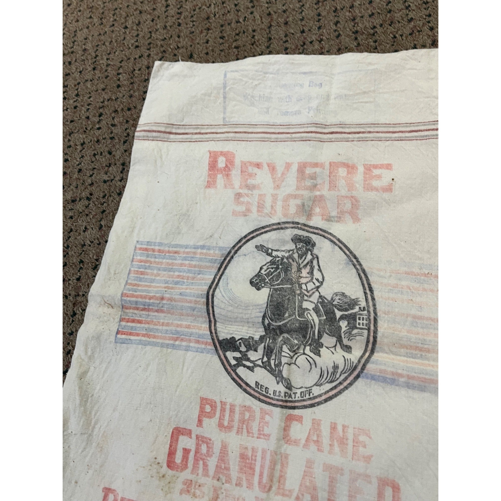 Vintage Paul Revere Sugar Bag Advertising Cloth 25lb Boston Mass Primitive Decor