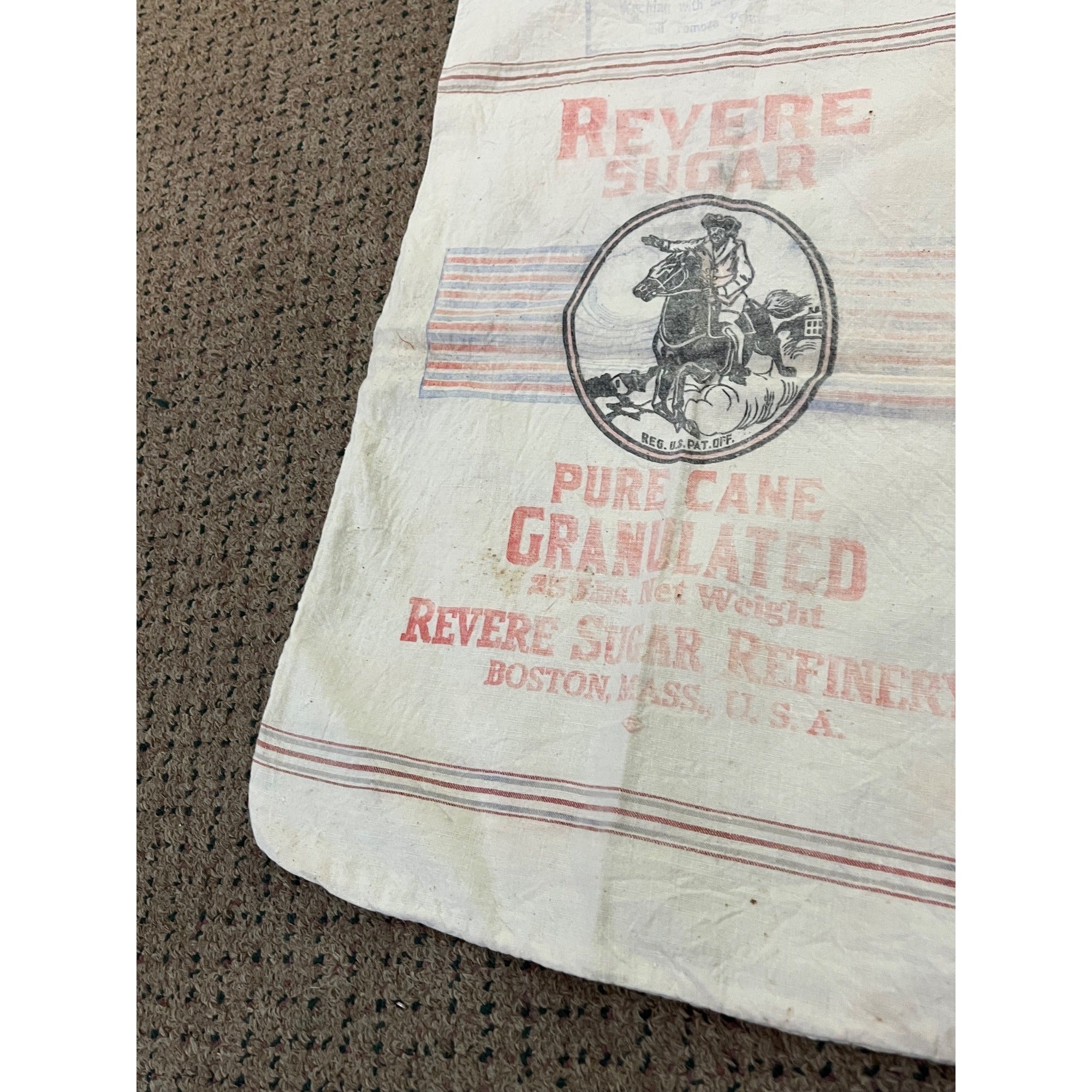 Vintage Paul Revere Sugar Bag Advertising Cloth 25lb Boston Mass Primitive Decor