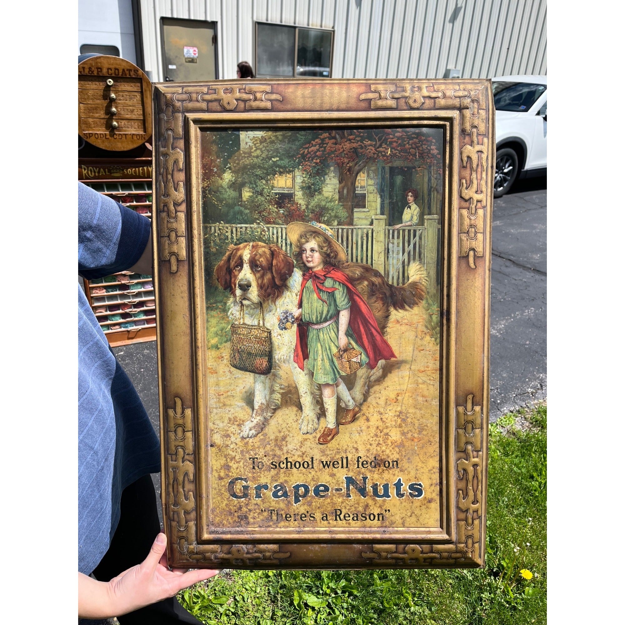 Vintage Grape-Nuts Tin Advertising Sign Lithograph / Metal Frame / Circa 1912