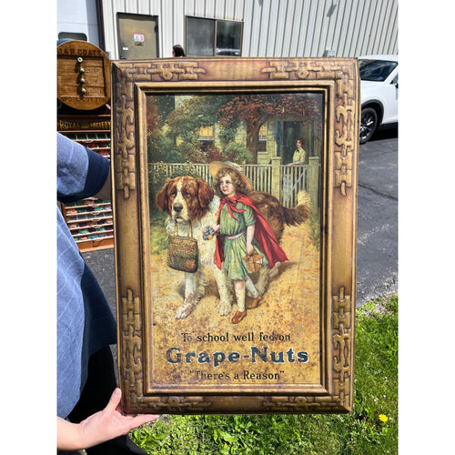 Vintage Grape-Nuts Tin Advertising Sign Lithograph / Metal Frame / Circa 1912