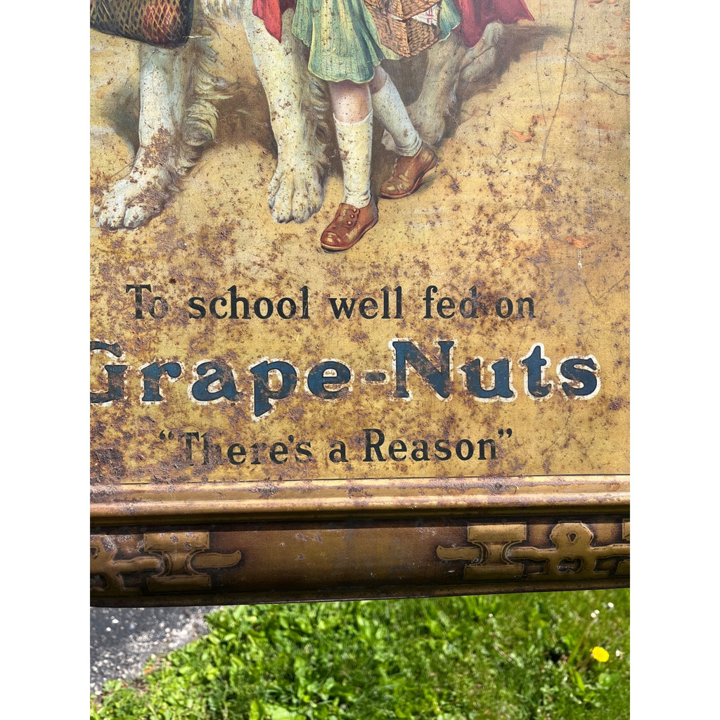 Vintage Grape-Nuts Tin Advertising Sign Lithograph / Metal Frame / Circa 1912