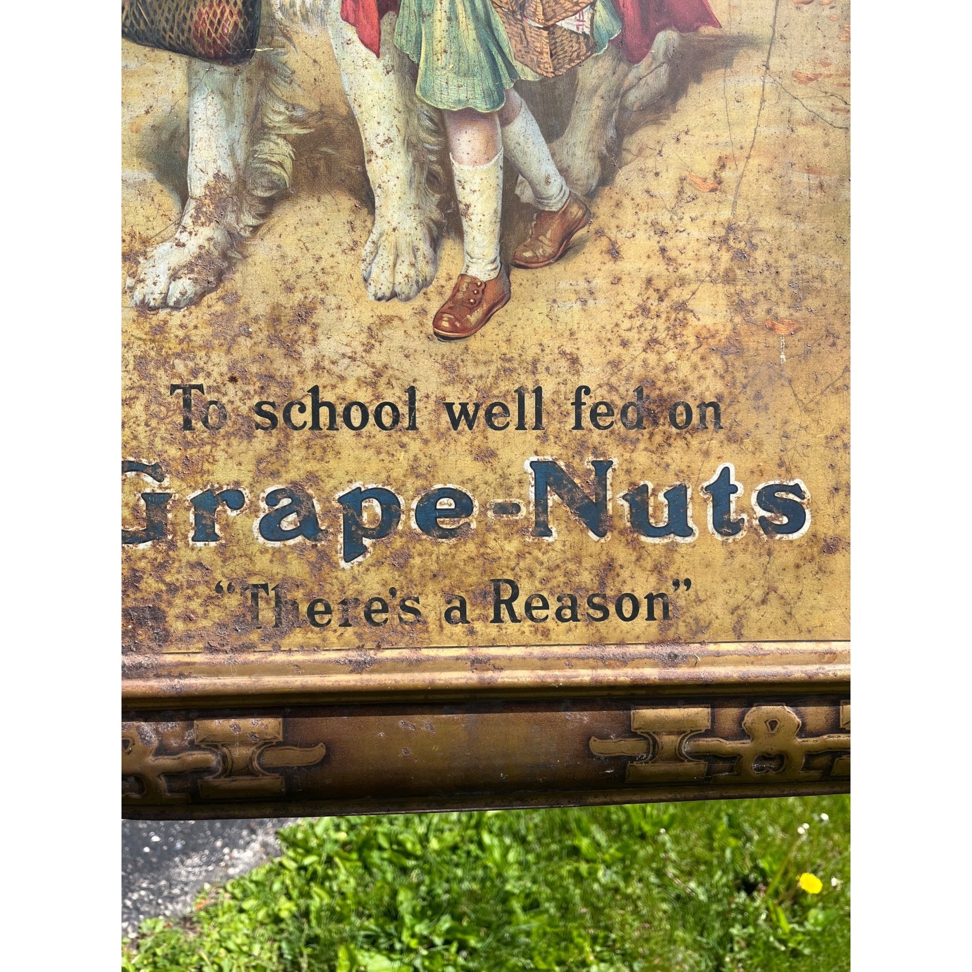 Vintage Grape-Nuts Tin Advertising Sign Lithograph / Metal Frame / Circa 1912