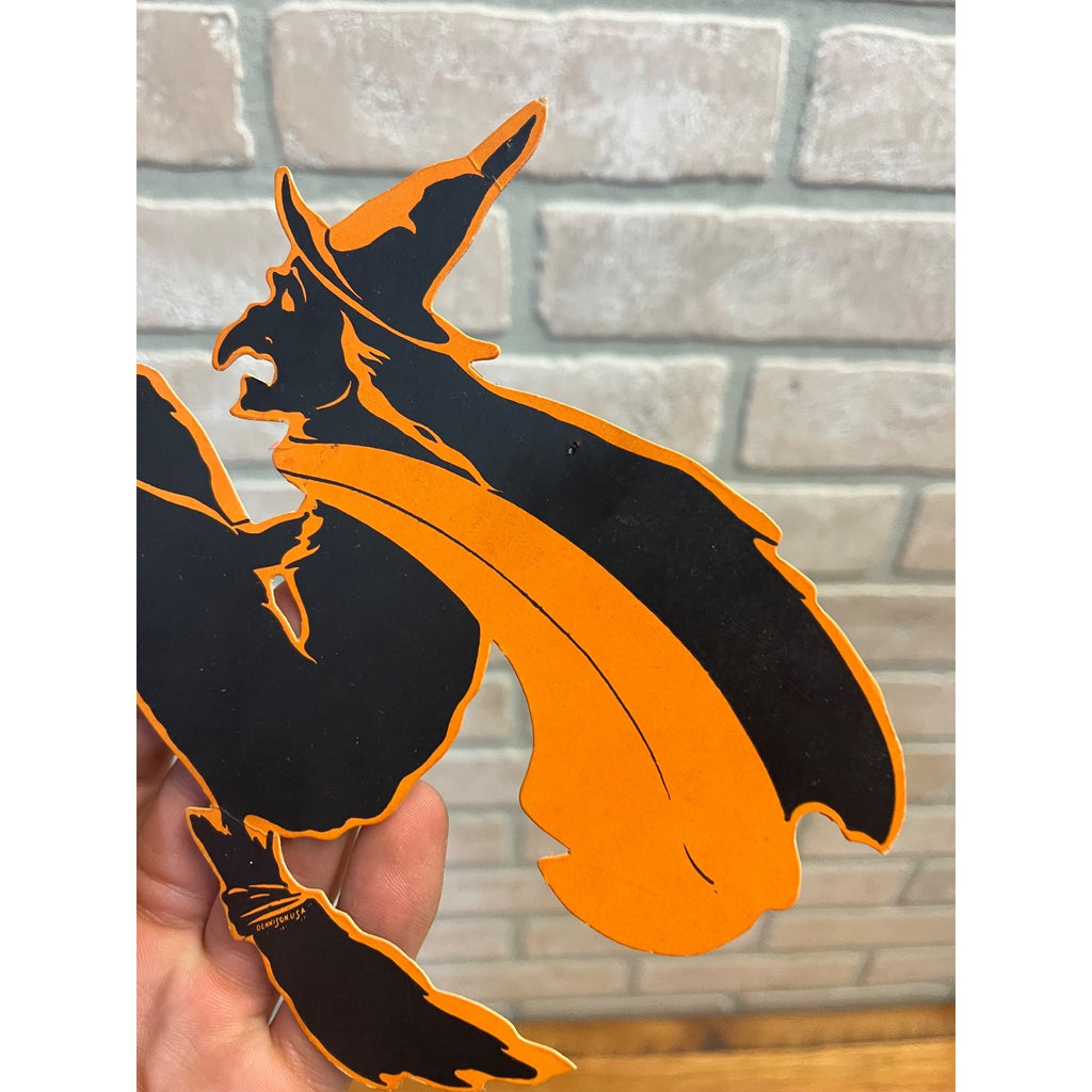 Vintage 1920s Halloween Diecut Flying Witch Black & Orange Dennison Wall Hanging