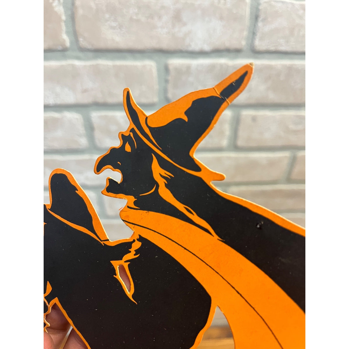 Vintage 1920s Halloween Diecut Flying Witch Black & Orange Dennison Wall Hanging