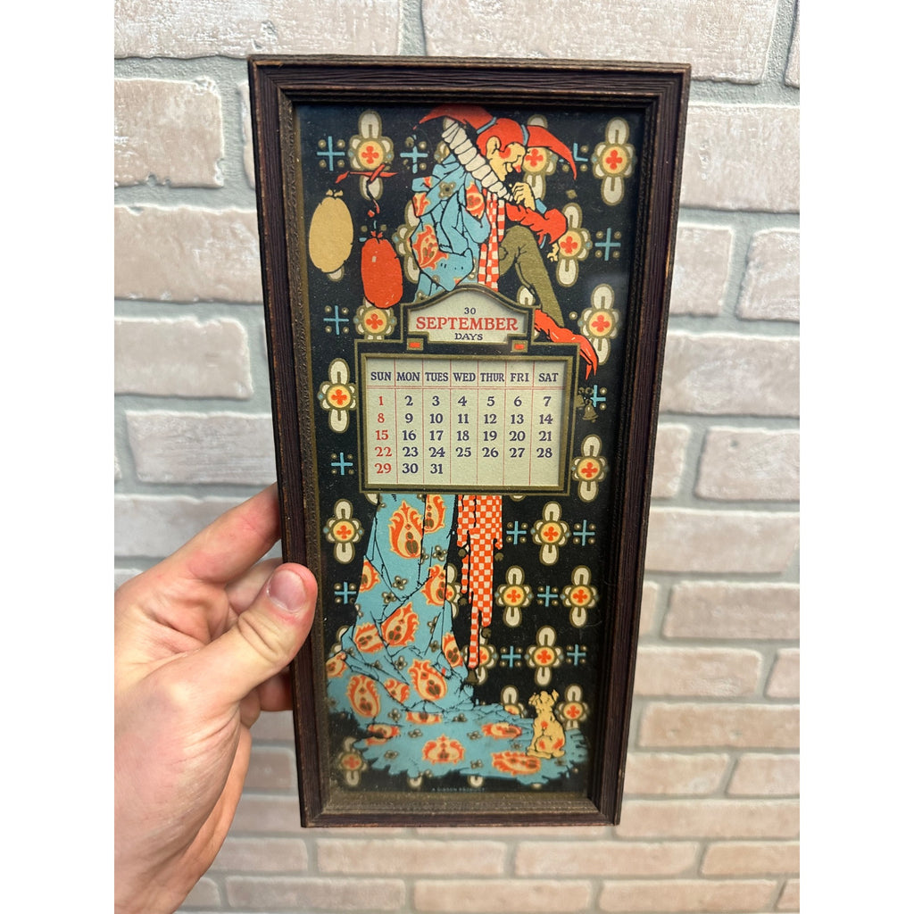 Vintage Antique Gibson Framed Jester Clown Perpetual Calendar Art Deco