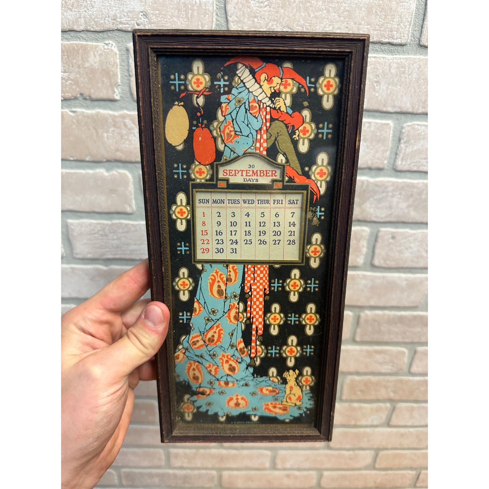 Vintage Antique Gibson Framed Jester Clown Perpetual Calendar Art Deco