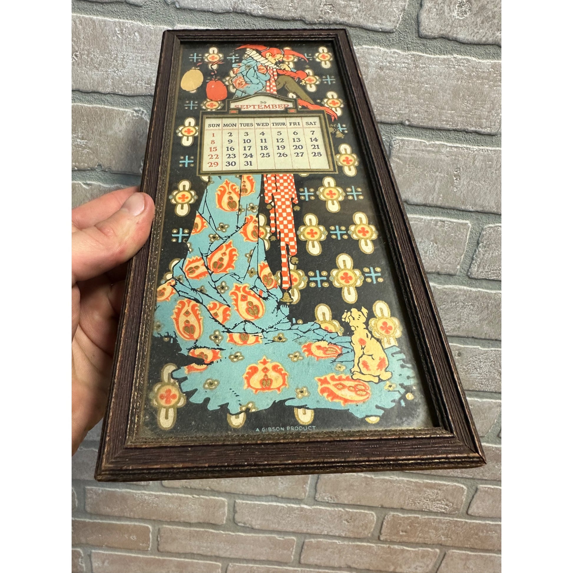 Vintage Antique Gibson Framed Jester Clown Perpetual Calendar Art Deco