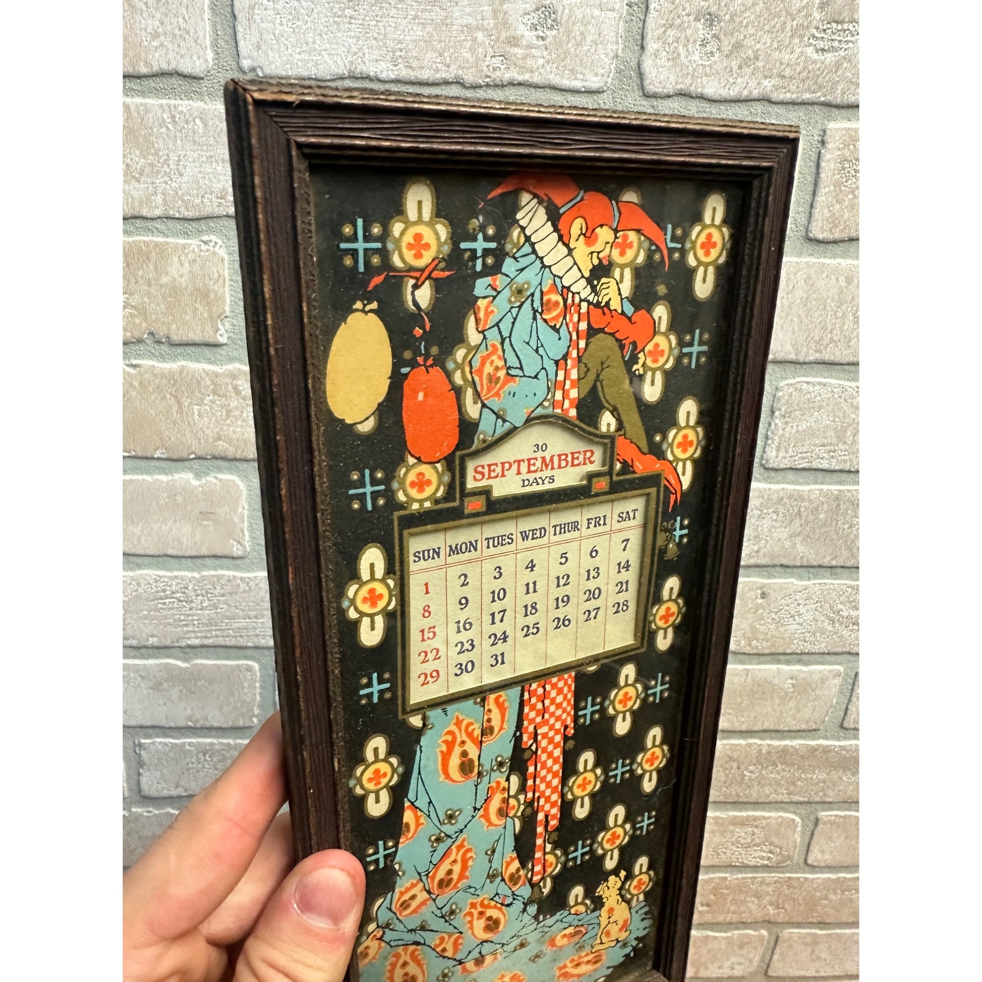 Vintage Antique Gibson Framed Jester Clown Perpetual Calendar Art Deco