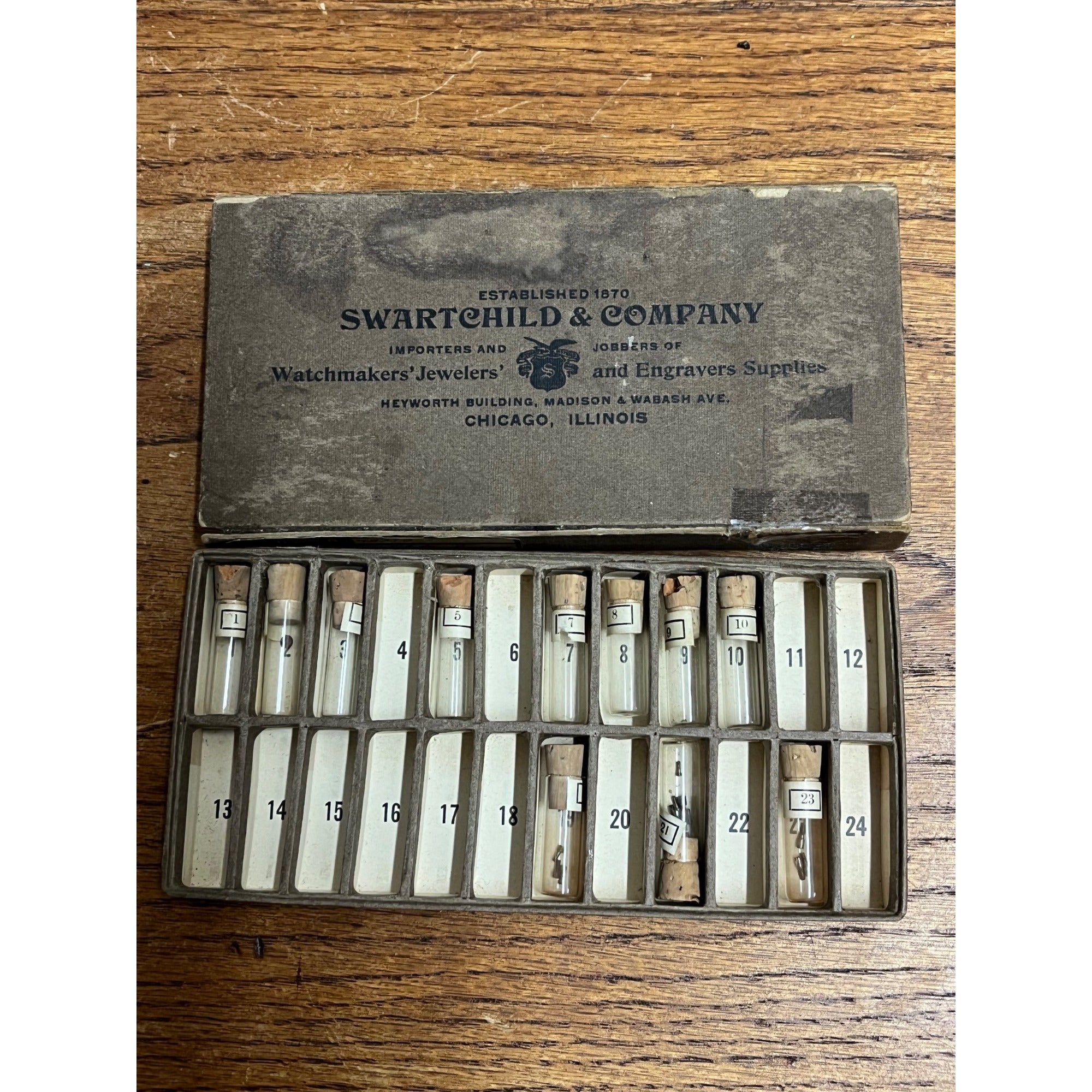 Vintage 1920s Swartchild & Co. Watchmaker Parts Box w/ Miniature Glass Tubes