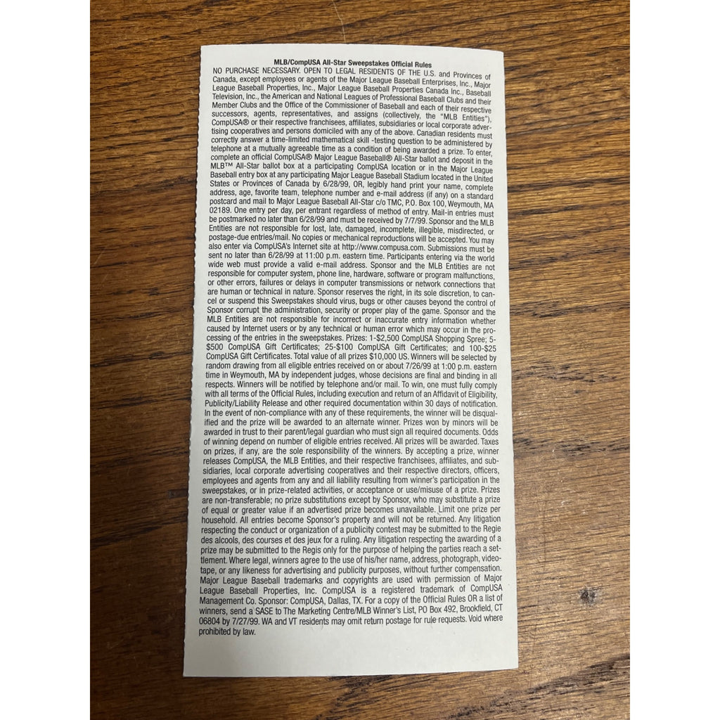 Vintage 1999 Official MLB All-Star Voting Ballot Unused - Boston Red Sox