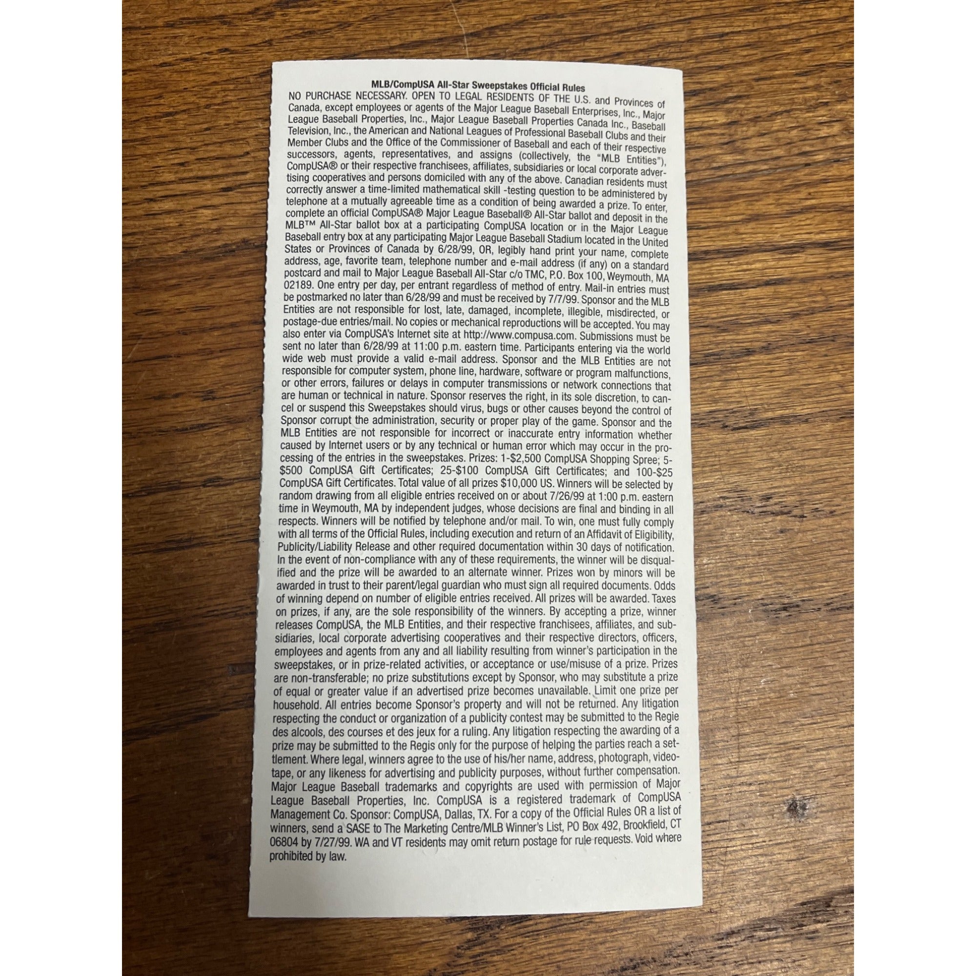 Vintage 1999 Official MLB All-Star Voting Ballot Unused - Boston Red Sox