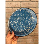 Antique Primitive Light Blue and White Swirl Enamel Graniteware Pie Plate Farmhouse Decor