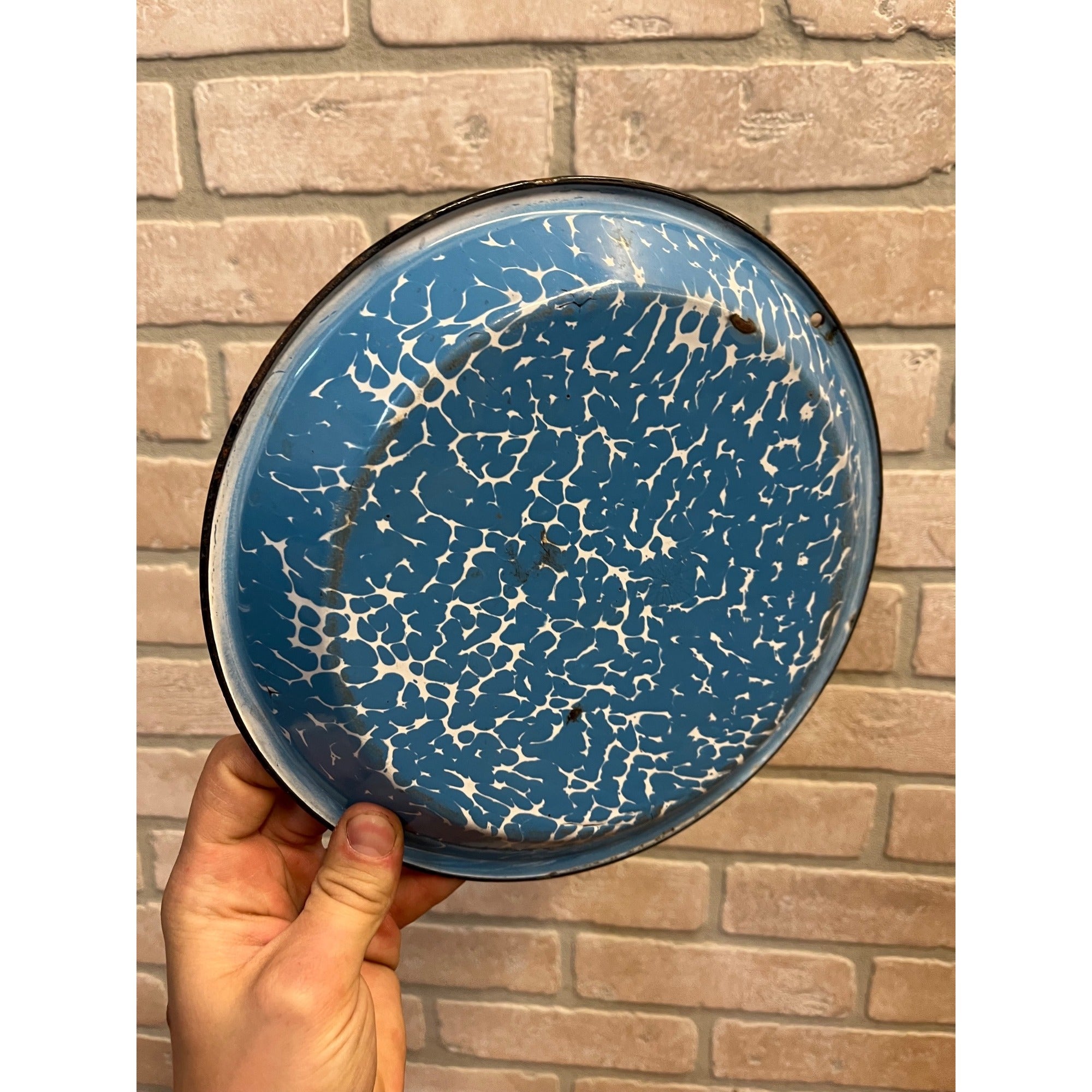 Antique Primitive Light Blue and White Swirl Enamel Graniteware Pie Plate Farmhouse Decor