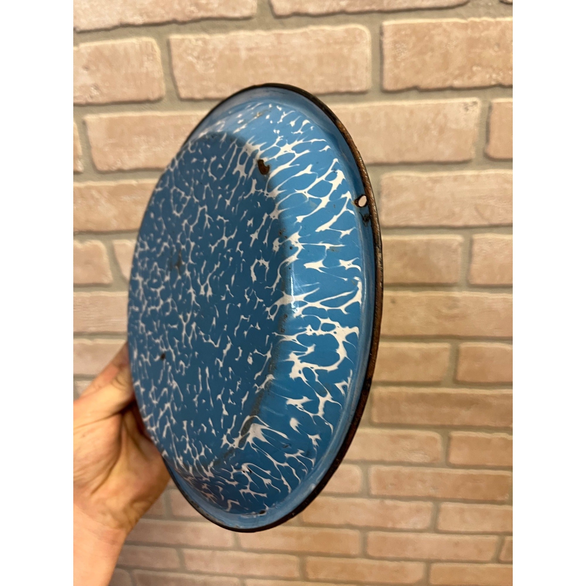 Antique Primitive Light Blue and White Swirl Enamel Graniteware Pie Plate Farmhouse Decor