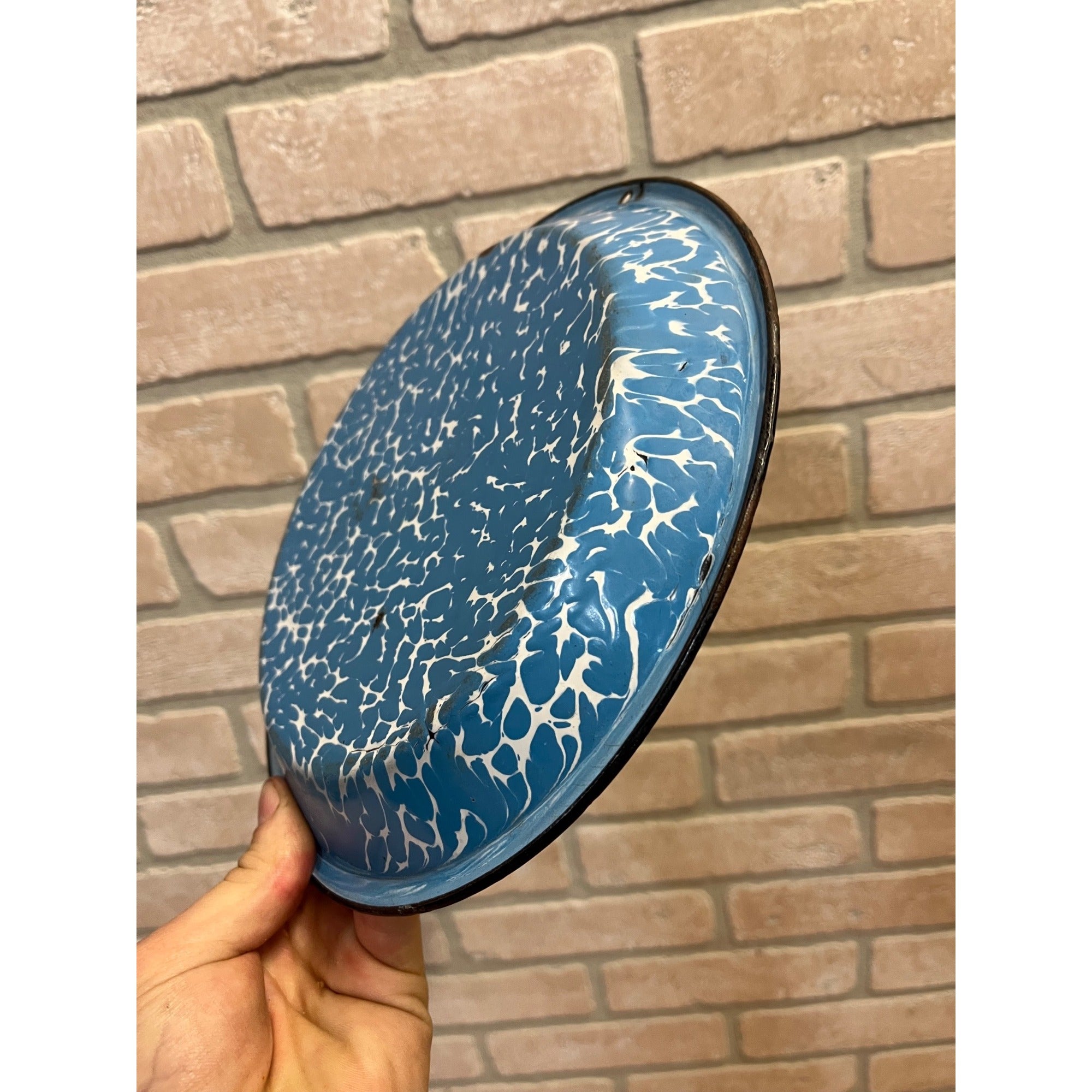 Antique Primitive Light Blue and White Swirl Enamel Graniteware Pie Plate Farmhouse Decor