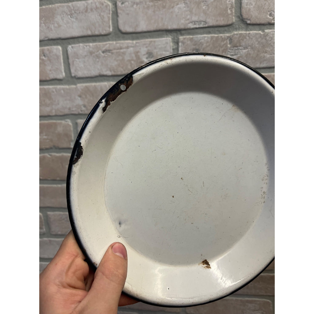 Antique Primitive Light Blue and White Swirl Enamel Graniteware Pie Plate Farmhouse Decor