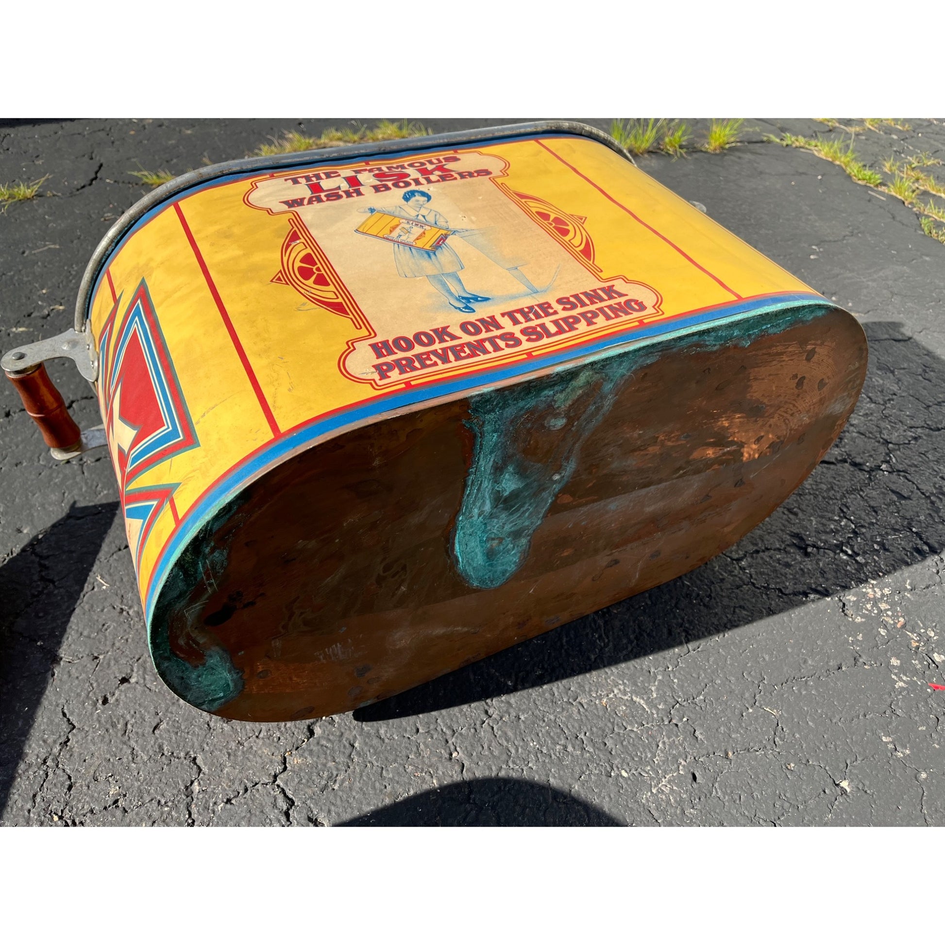 RARE Vintage Lisk Galvanized Steel Wash Boiler w/ Advertising Litho Paper