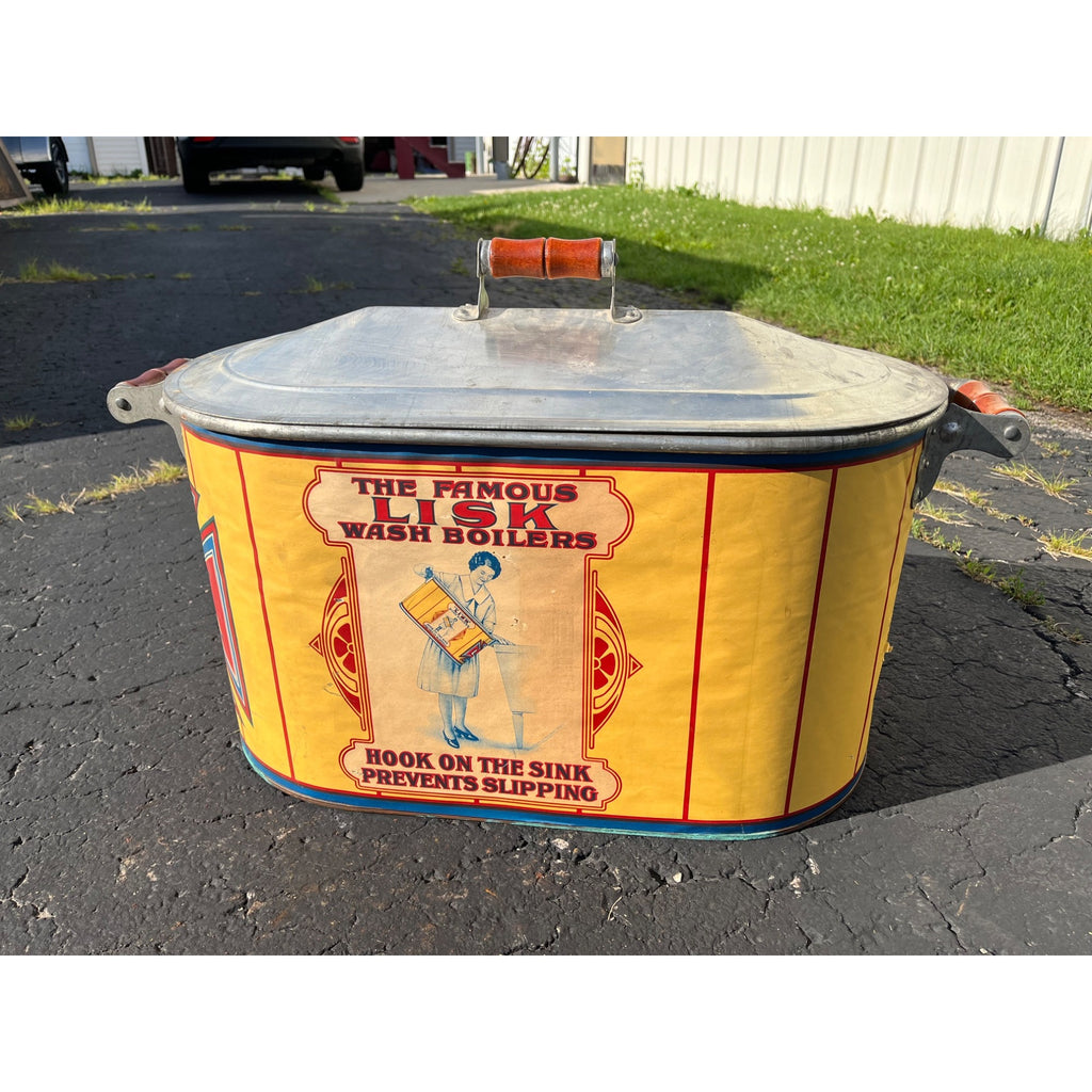 RARE Vintage Lisk Galvanized Steel Wash Boiler w/ Advertising Litho Paper