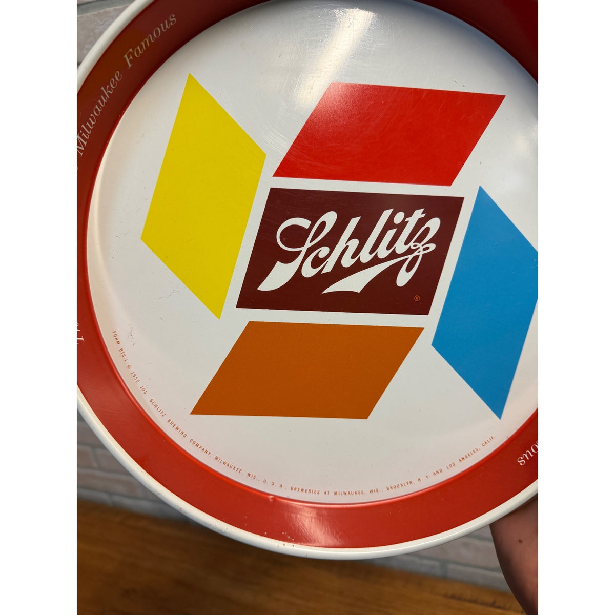 Vintage Blatz Schlitz 1955 Round Metal Beer Tray Clean Barware Round 12"