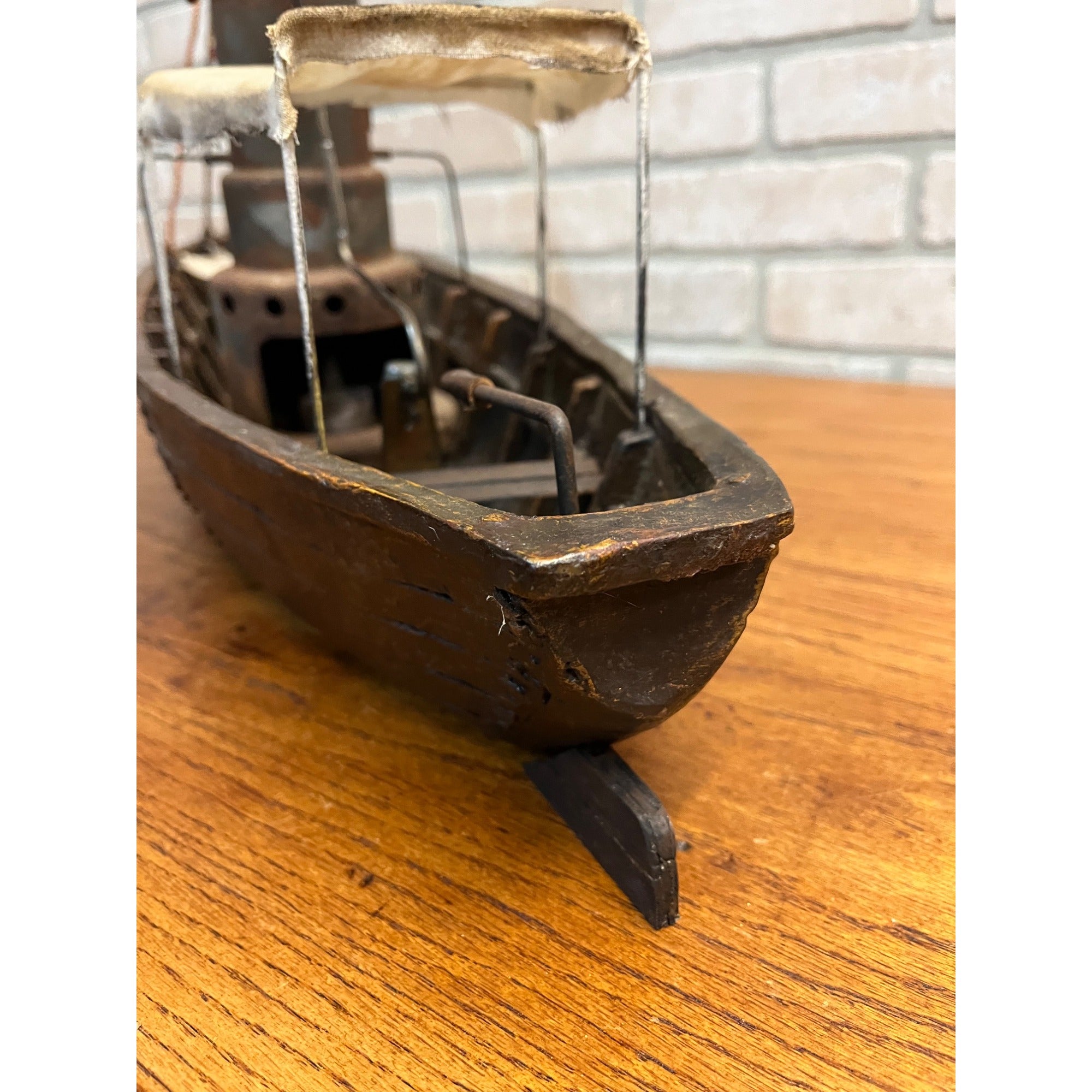 Folk Art Handmade Steam Powered Engine River Pond Boat Model