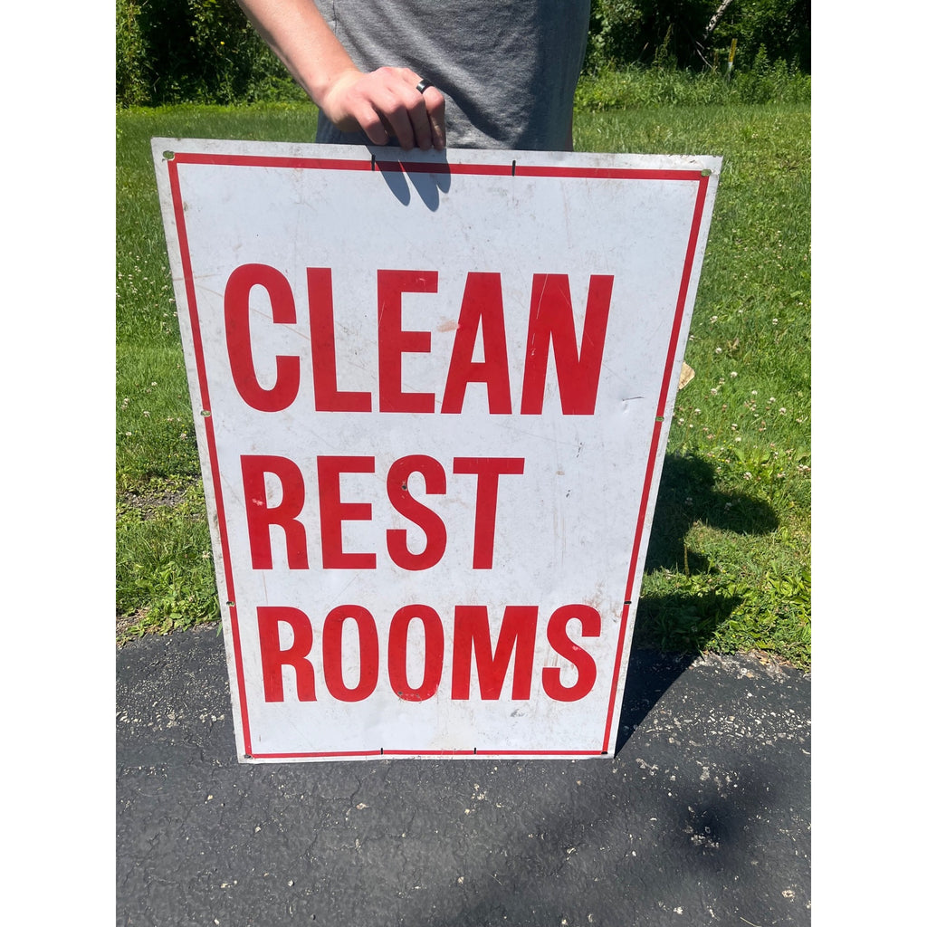 Vintage Metal White & Red "Clean Restrooms" Service Gas Station Sign Advertising