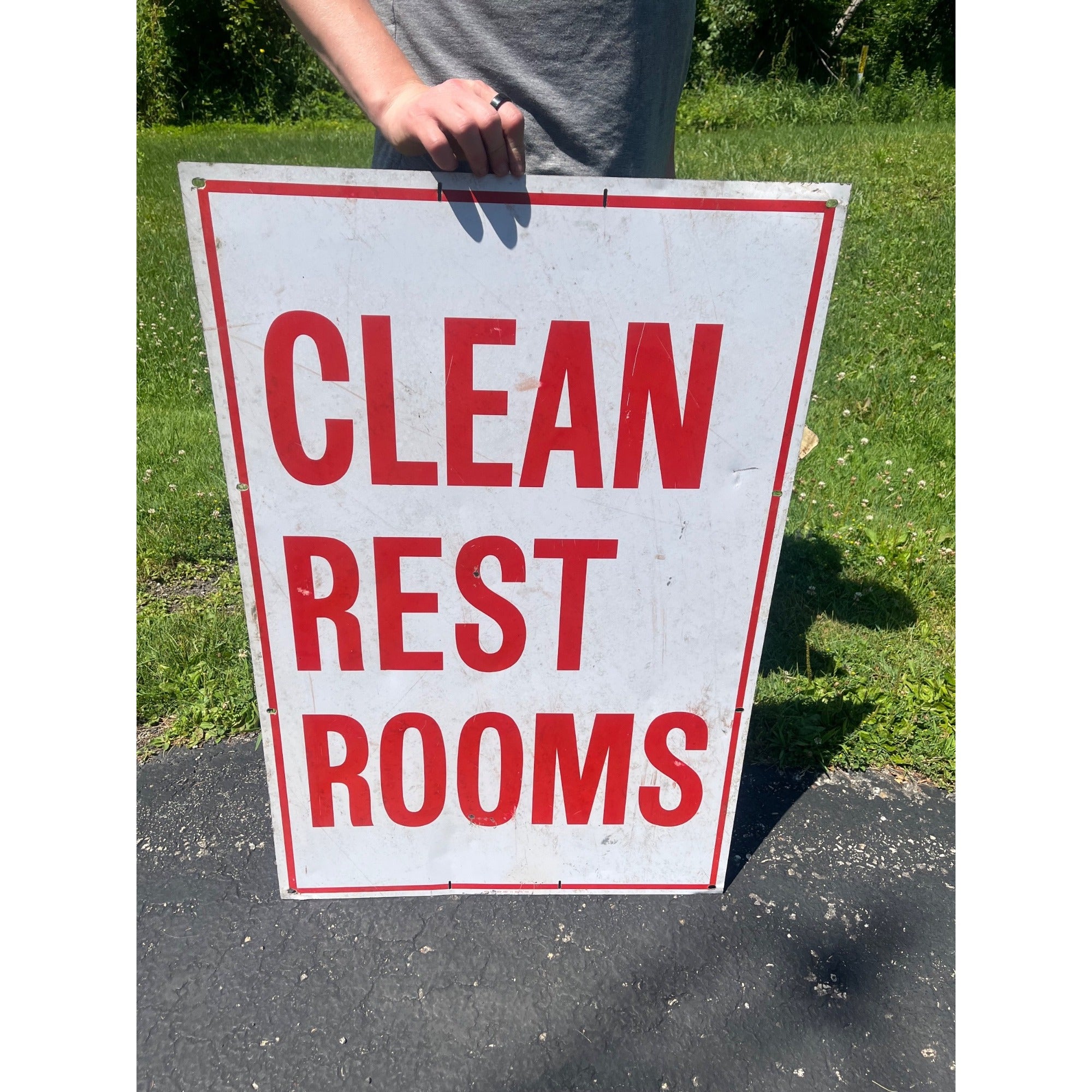 Vintage Metal White & Red "Clean Restrooms" Service Gas Station Sign Advertising