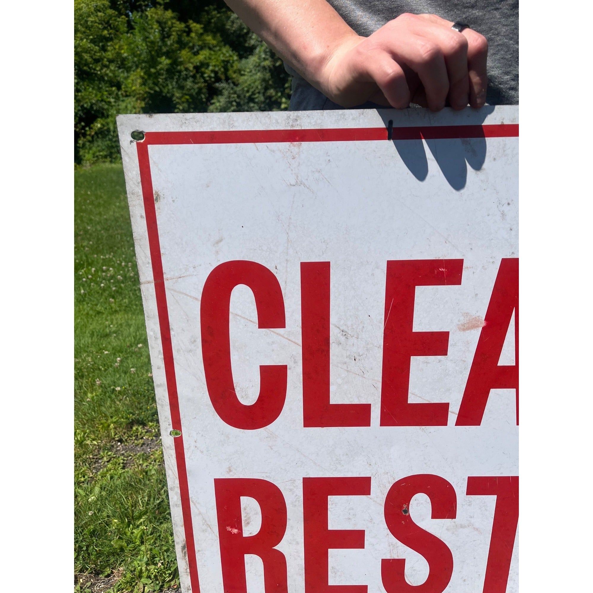 Vintage Metal White & Red "Clean Restrooms" Service Gas Station Sign Advertising