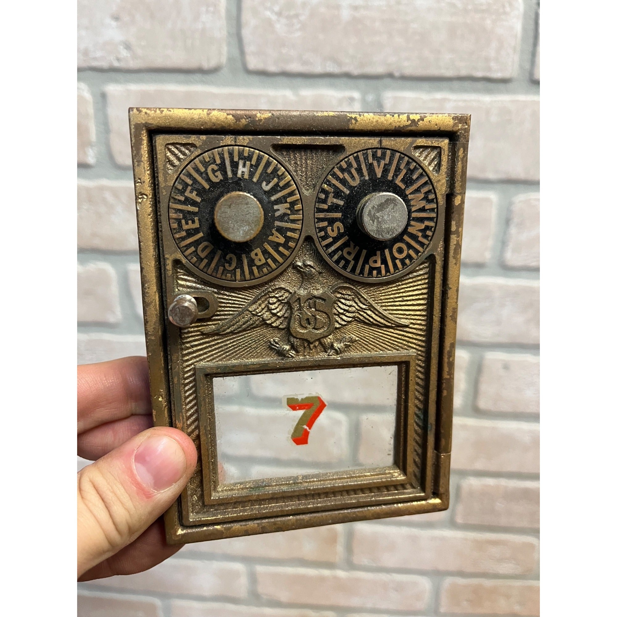 Antique Solid Brass US Post Office Eagle Box Door Corbin 2 Dial Combination #7