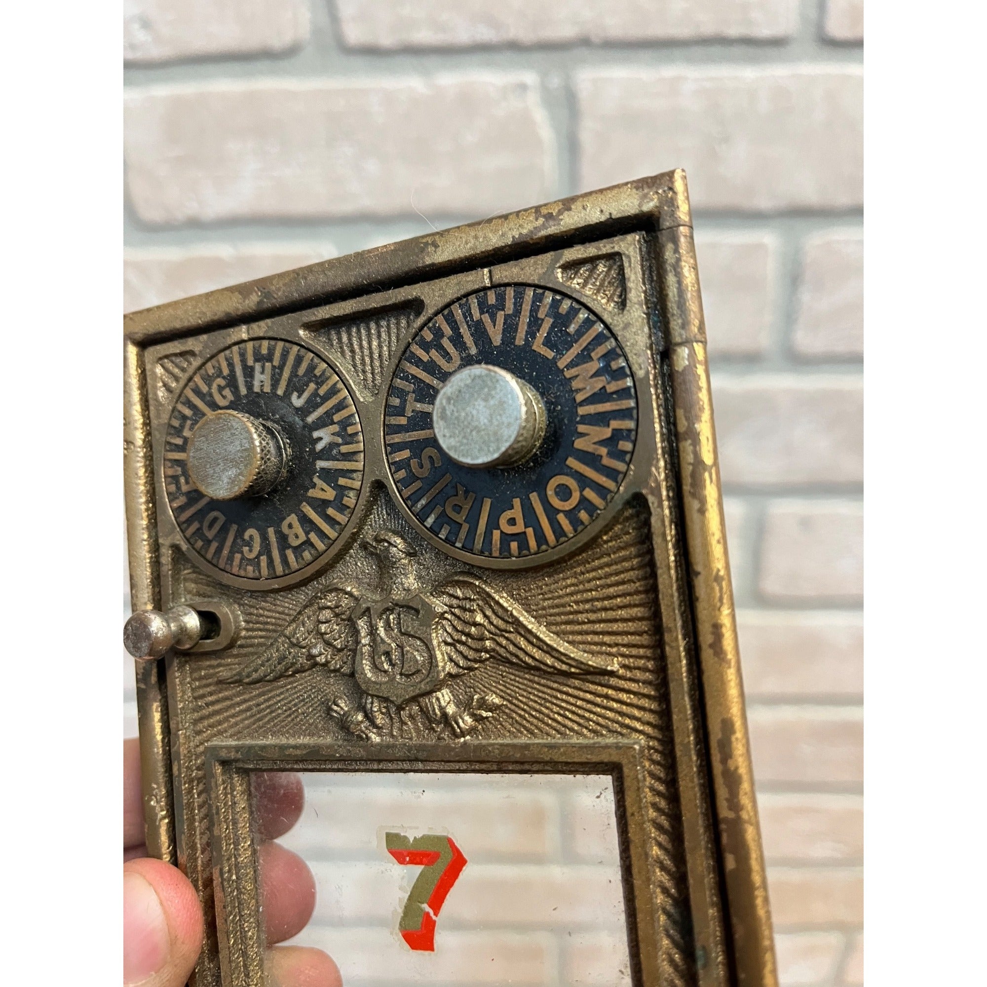Antique Solid Brass US Post Office Eagle Box Door Corbin 2 Dial Combination #7