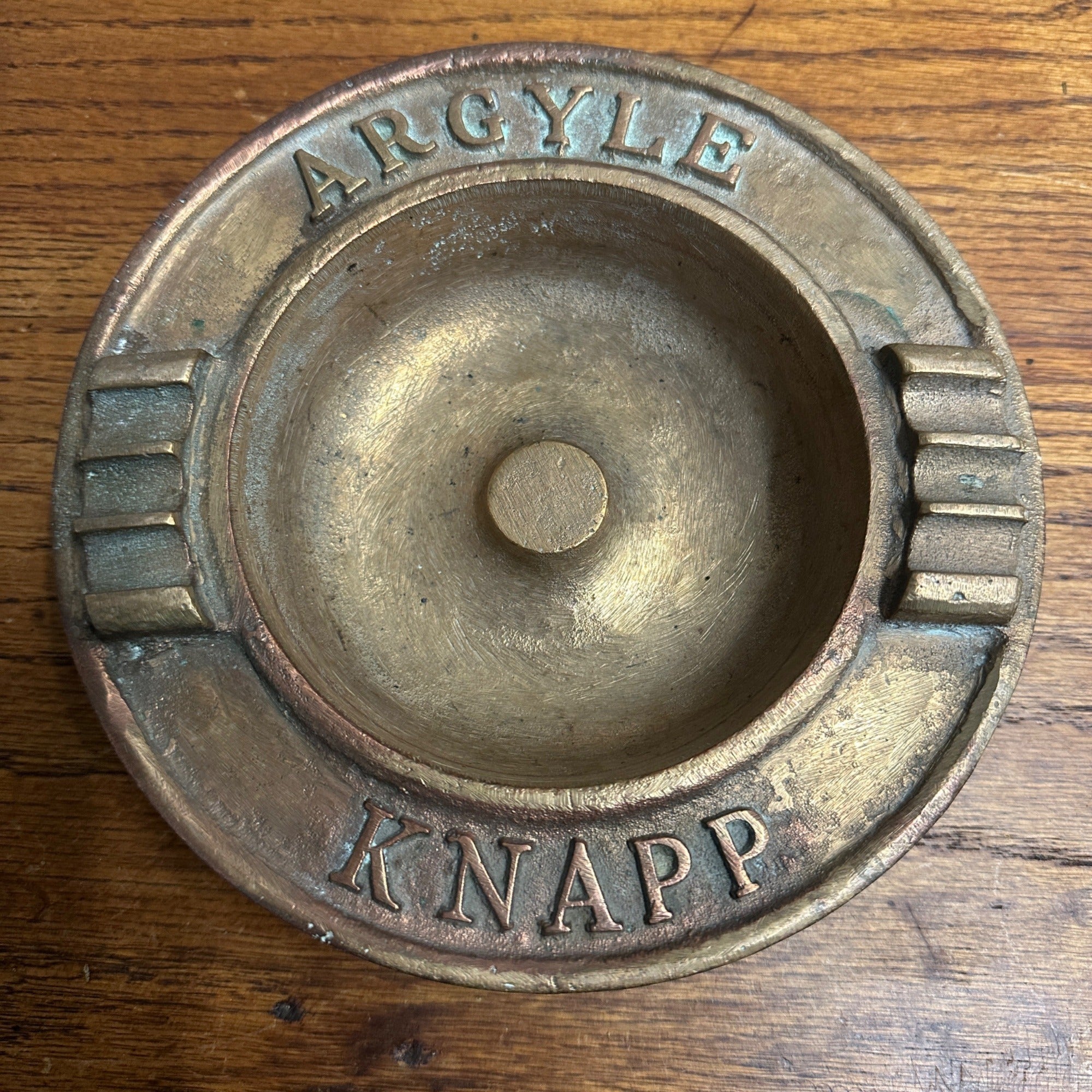 Antique Brass Advertising Ashtray Argyle Knapp 7" diameter