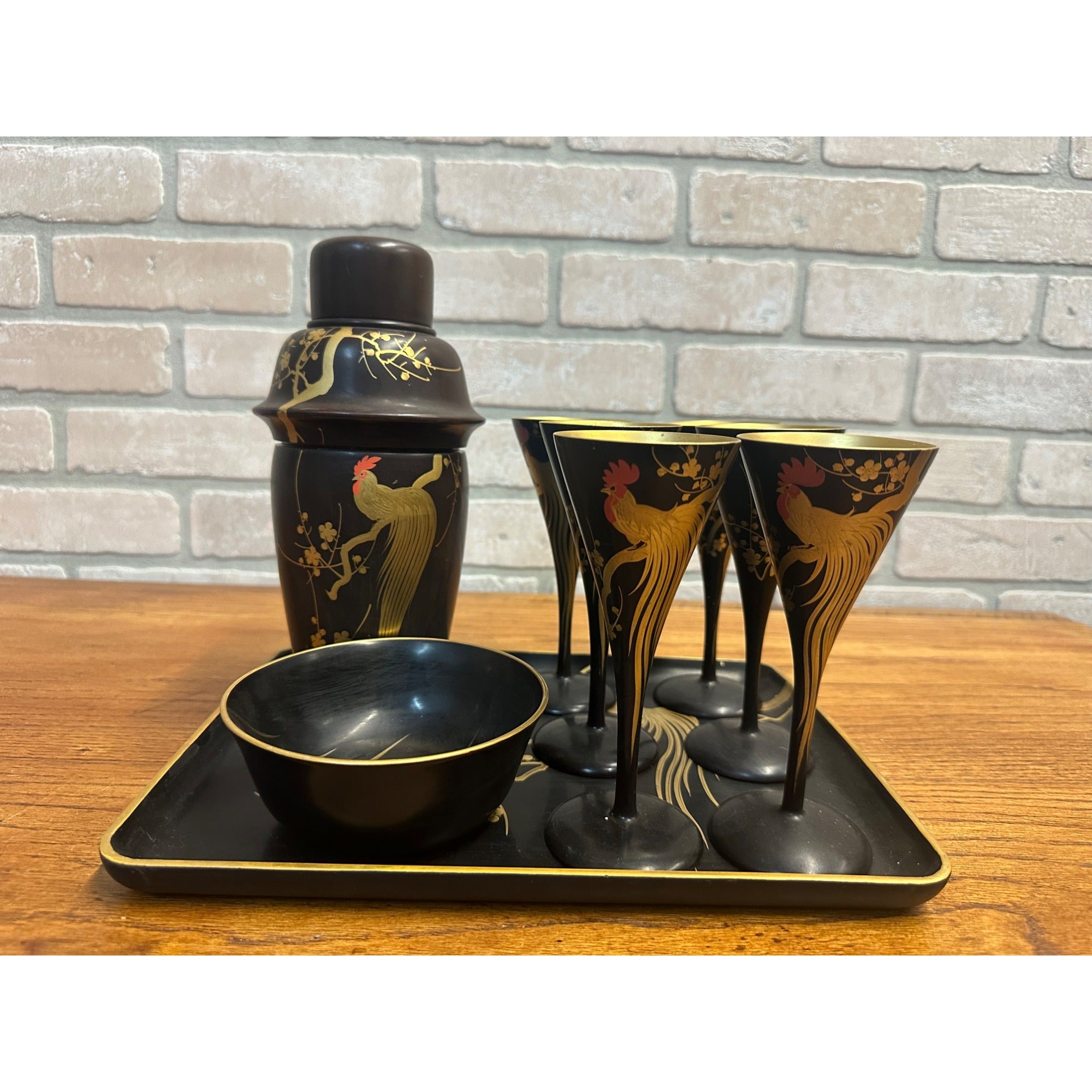 Vintage Mid Century Rooster Lacquer Wood Cocktail Shaker Set w/ Tray + 6 Glasses