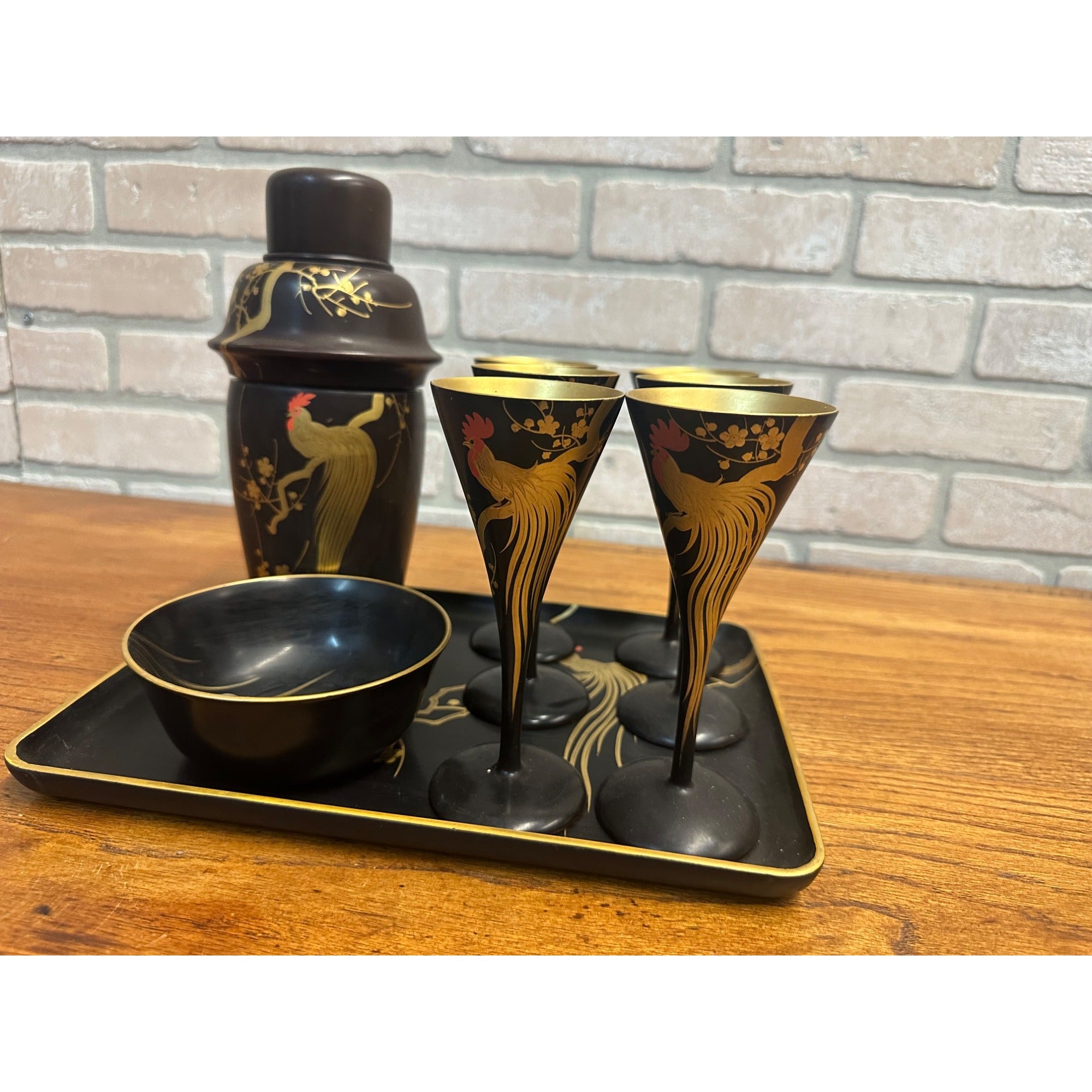 Vintage Mid Century Rooster Lacquer Wood Cocktail Shaker Set w/ Tray + 6 Glasses