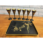 Vintage Mid Century Rooster Lacquer Wood Cocktail Shaker Set w/ Tray + 6 Glasses