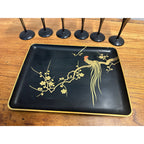 Vintage Mid Century Rooster Lacquer Wood Cocktail Shaker Set w/ Tray + 6 Glasses