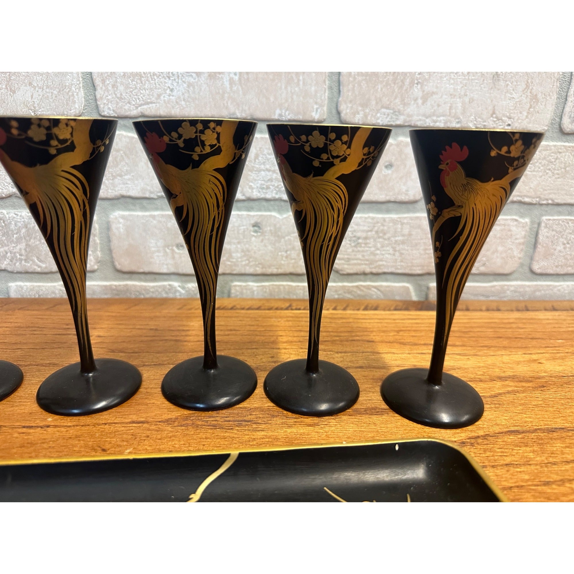 Vintage Mid Century Rooster Lacquer Wood Cocktail Shaker Set w/ Tray + 6 Glasses
