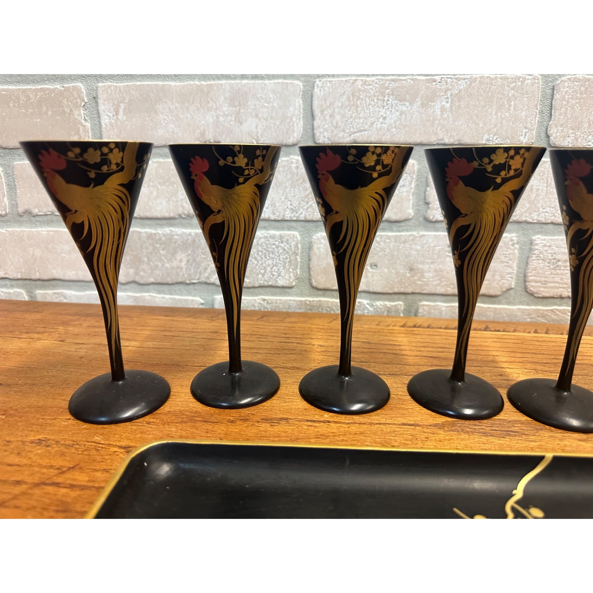 Vintage Mid Century Rooster Lacquer Wood Cocktail Shaker Set w/ Tray + 6 Glasses