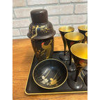 Vintage Mid Century Rooster Lacquer Wood Cocktail Shaker Set w/ Tray + 6 Glasses