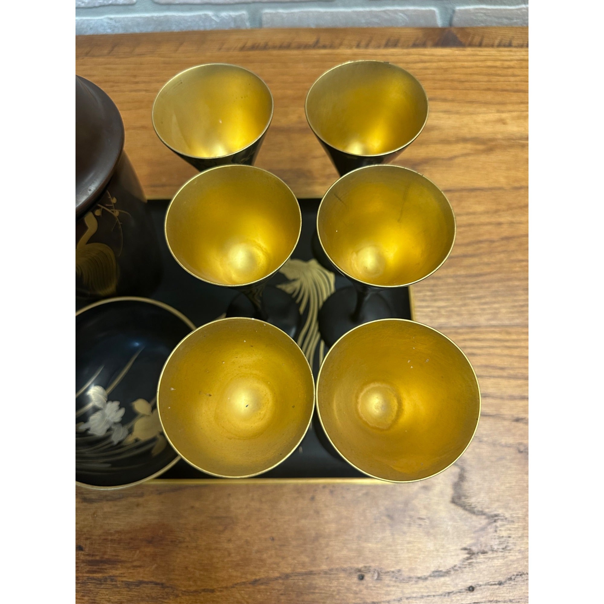 Vintage Mid Century Rooster Lacquer Wood Cocktail Shaker Set w/ Tray + 6 Glasses