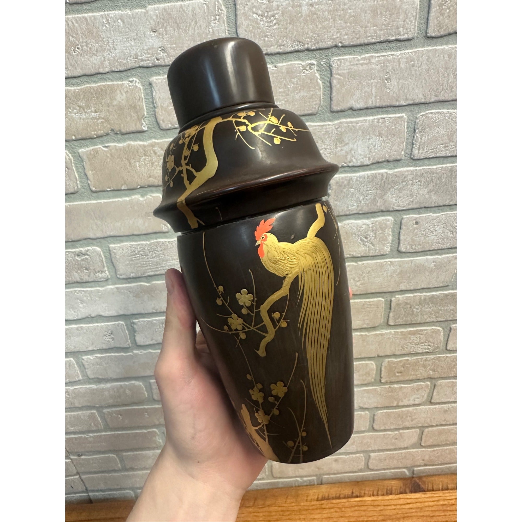 Vintage Mid Century Rooster Lacquer Wood Cocktail Shaker Set w/ Tray + 6 Glasses