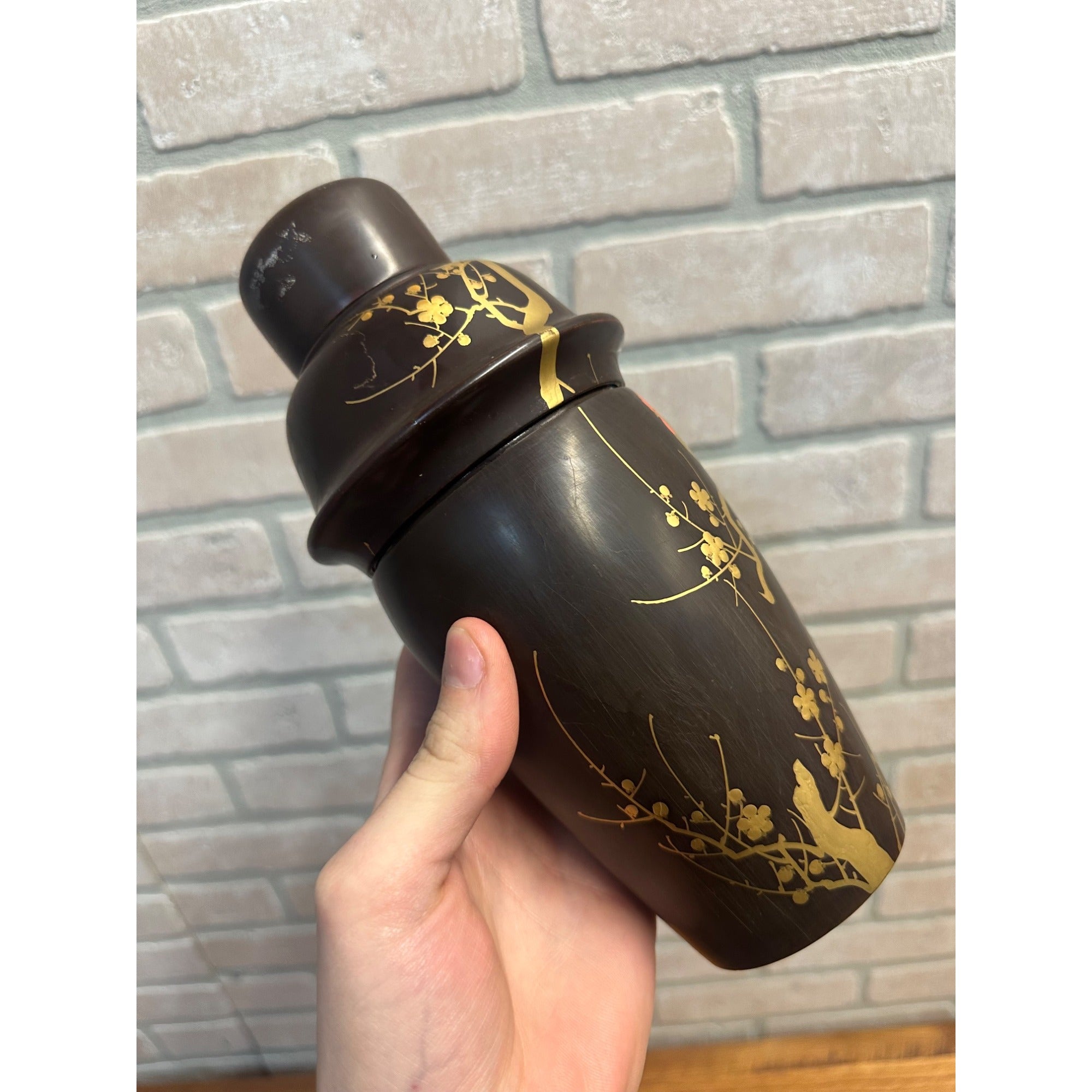 Vintage Mid Century Rooster Lacquer Wood Cocktail Shaker Set w/ Tray + 6 Glasses