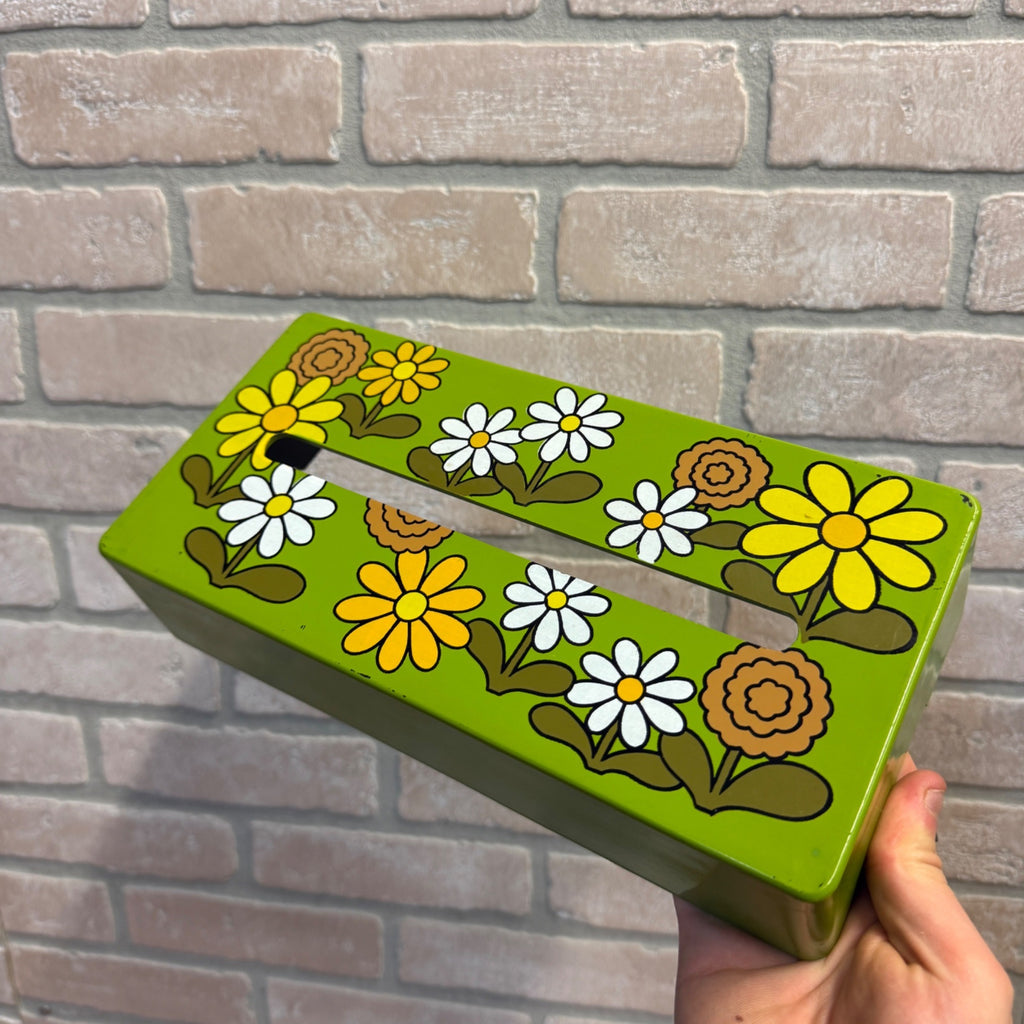 Vintage Plastic Long Tissue Box Cover With Groovy 1970's Floral Earth Tones Hippie