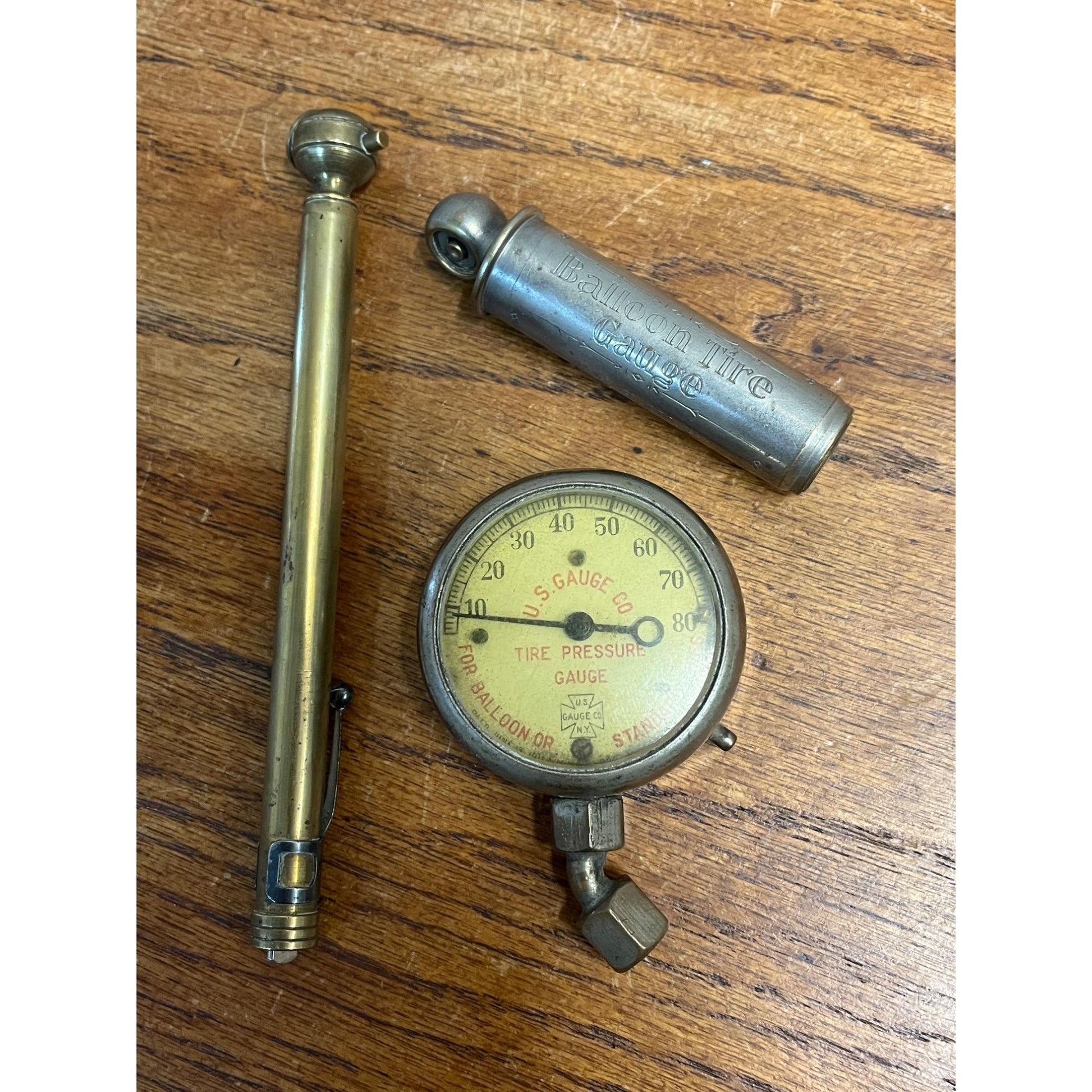 Vintage Lot (3) Automobile Balloon Tire Gauges Schrader, US Gauge Co. + Brass